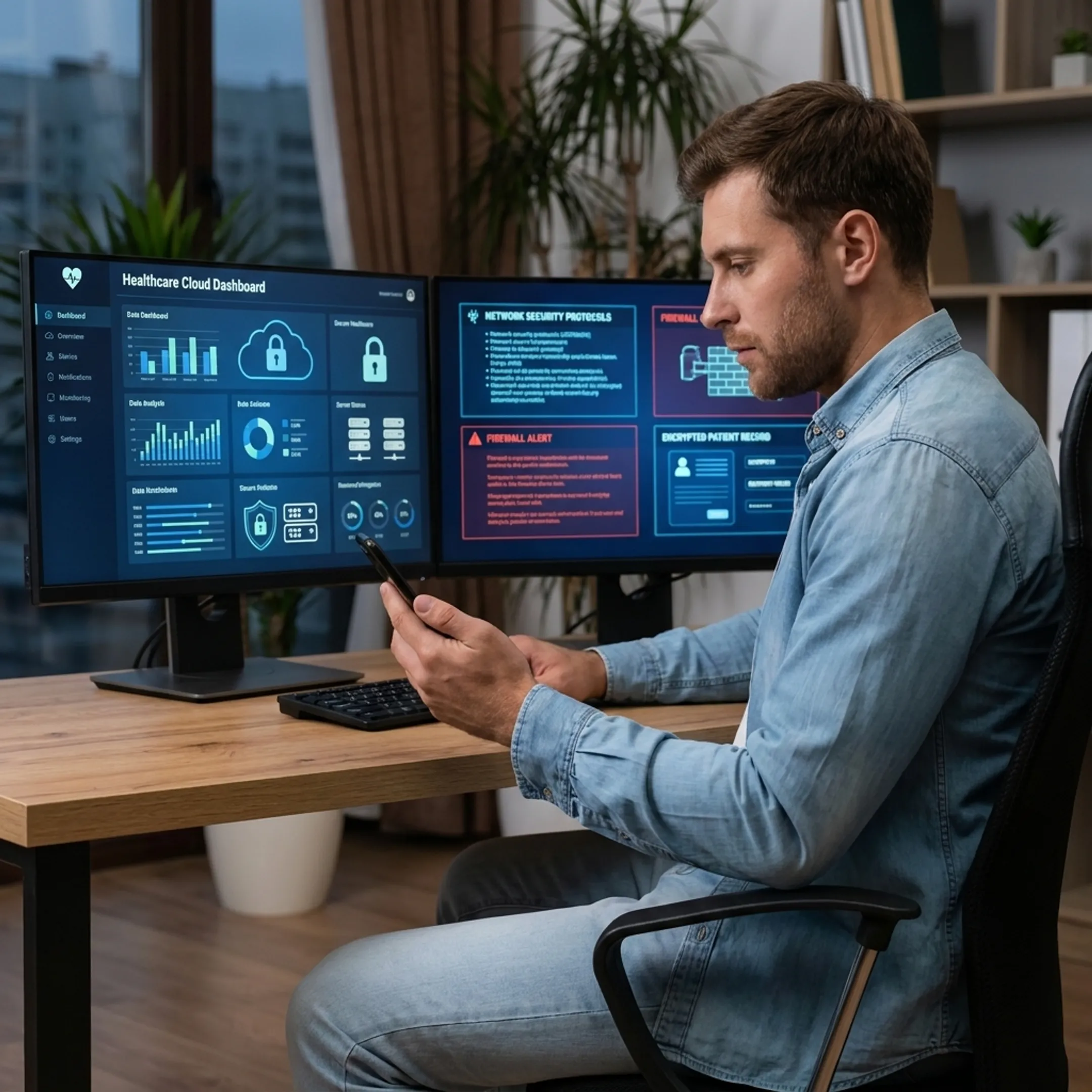 IT professional reviewing secure healthcare data systems