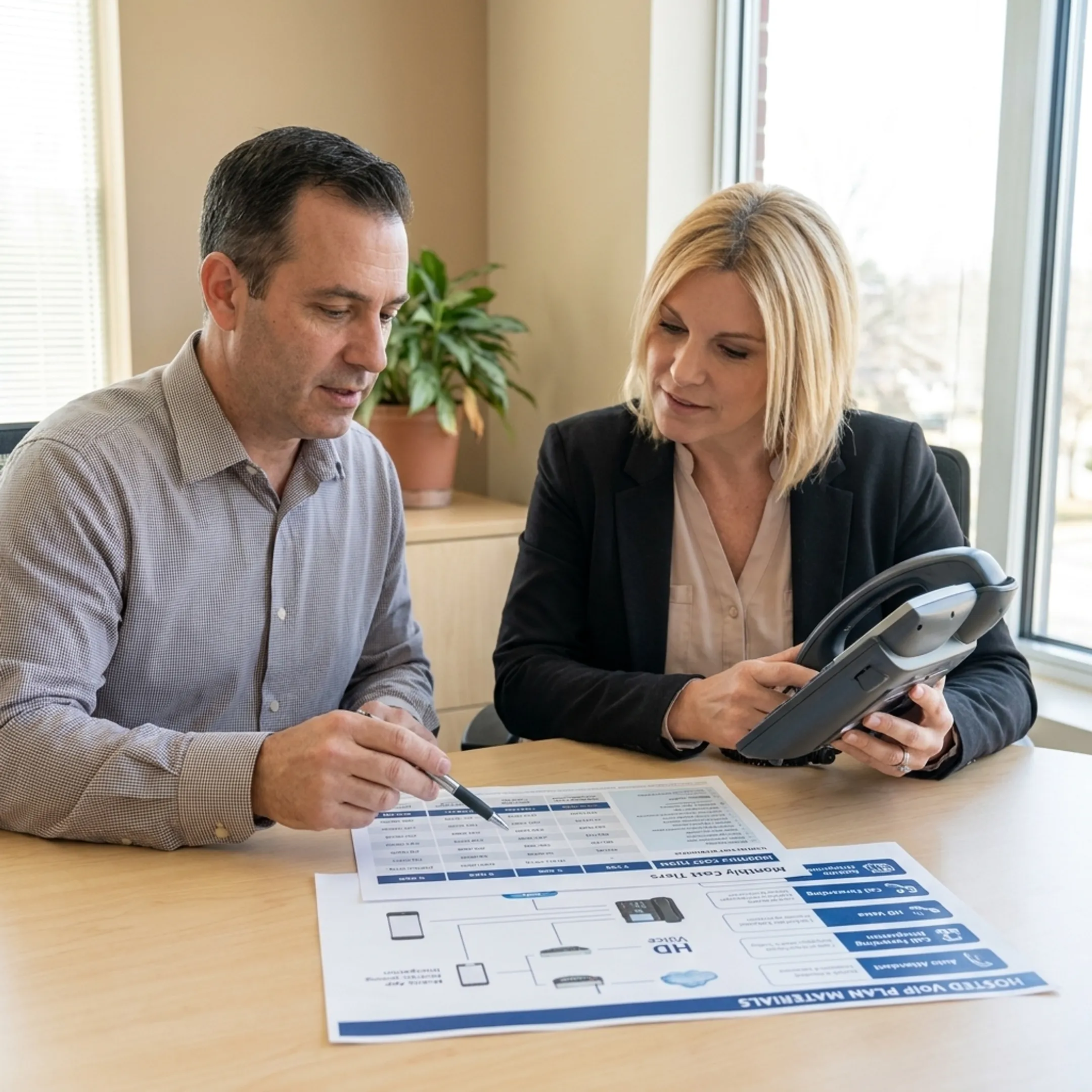 Consultant reviewing VoIP service costs