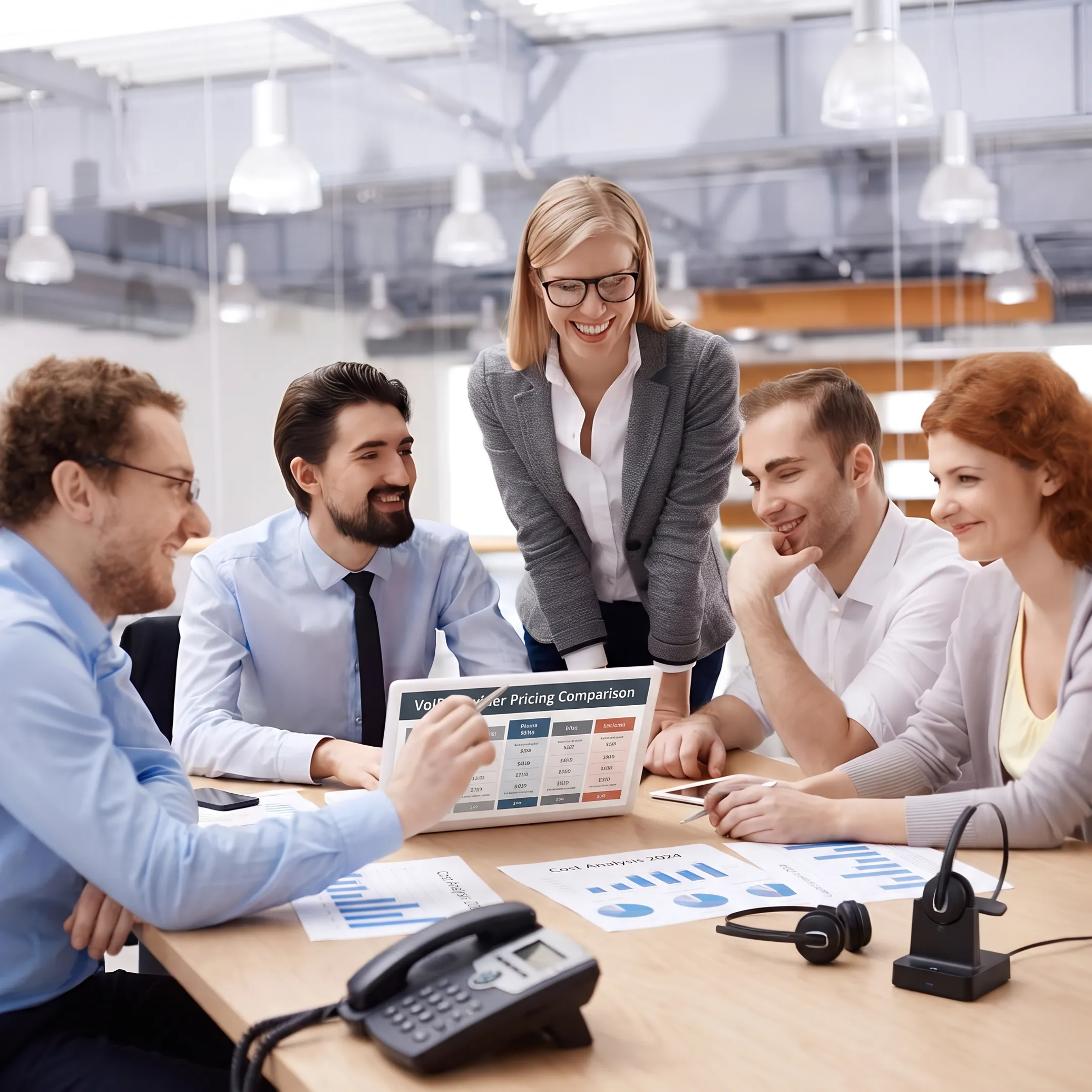 Business team comparing hosted VoIP pricing