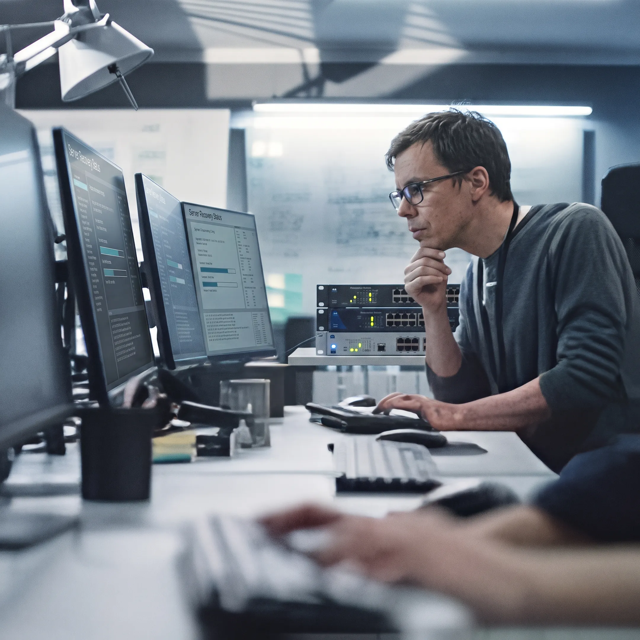 IT engineer reviewing data recovery systems