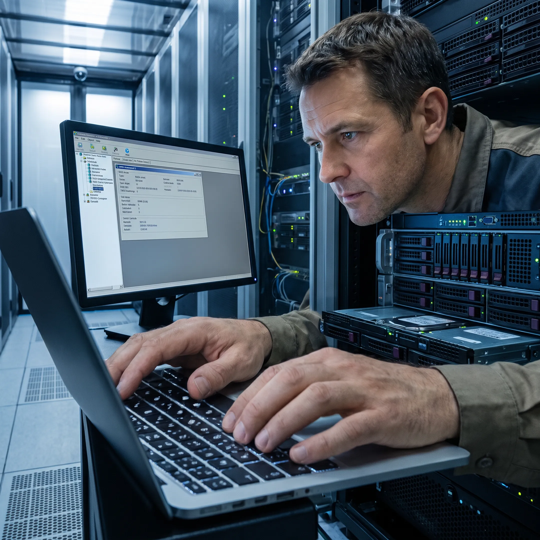 IT engineer reviewing RAID server storage