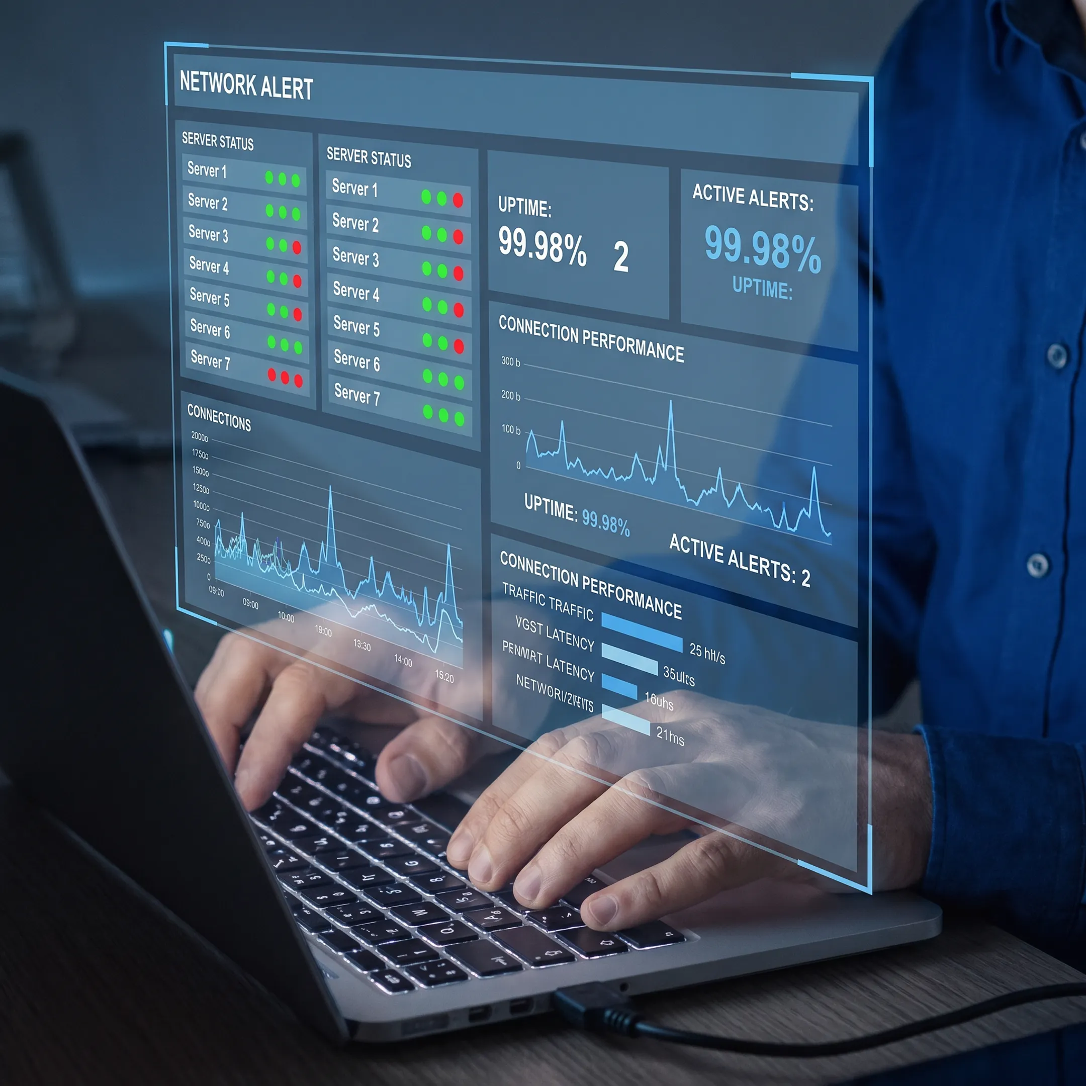 Technician reviewing network monitoring alerts