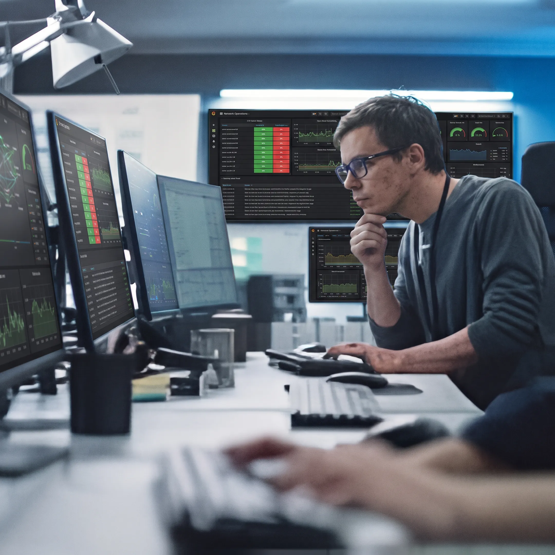 IT engineer monitoring network performance dashboards
