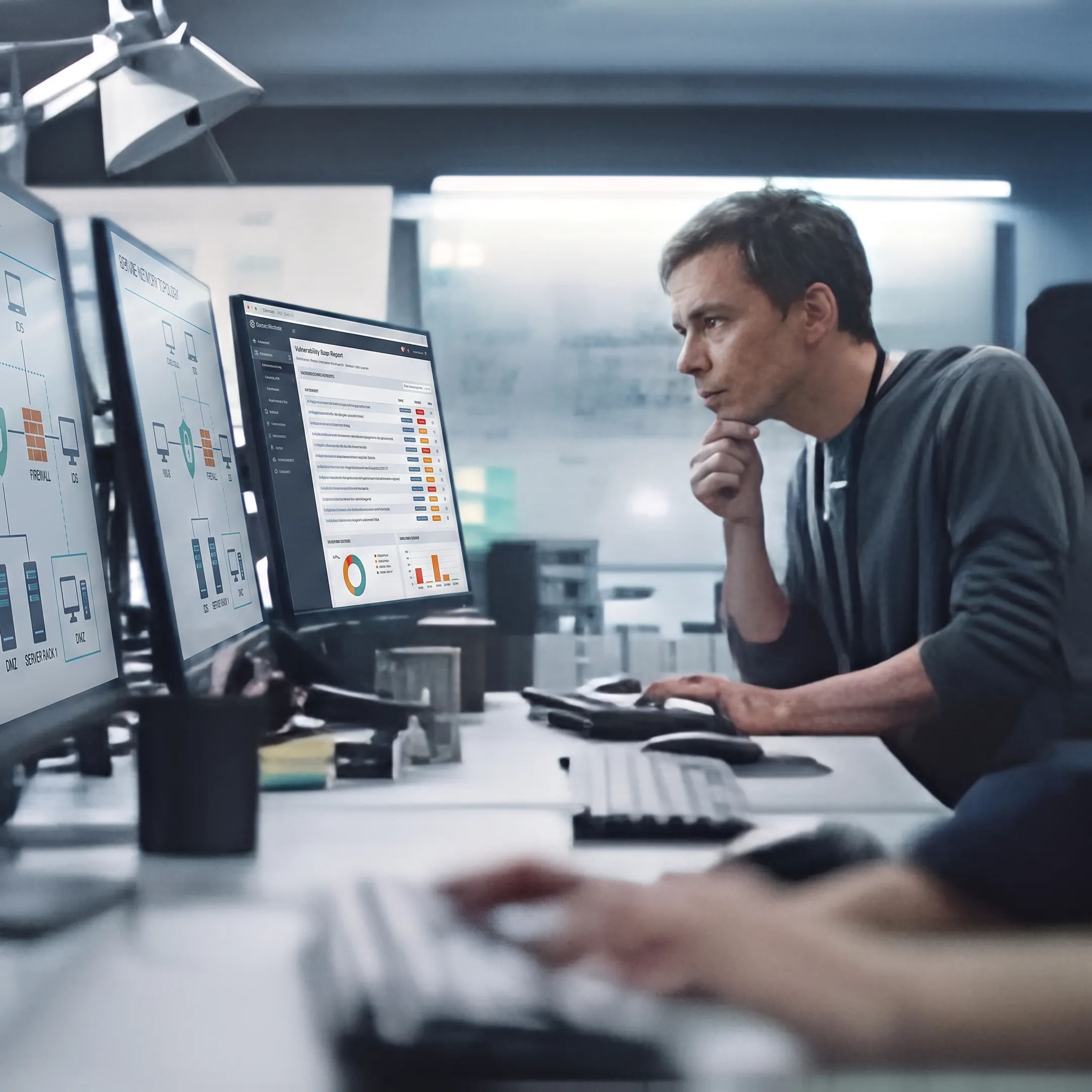 IT engineer reviewing network security findings