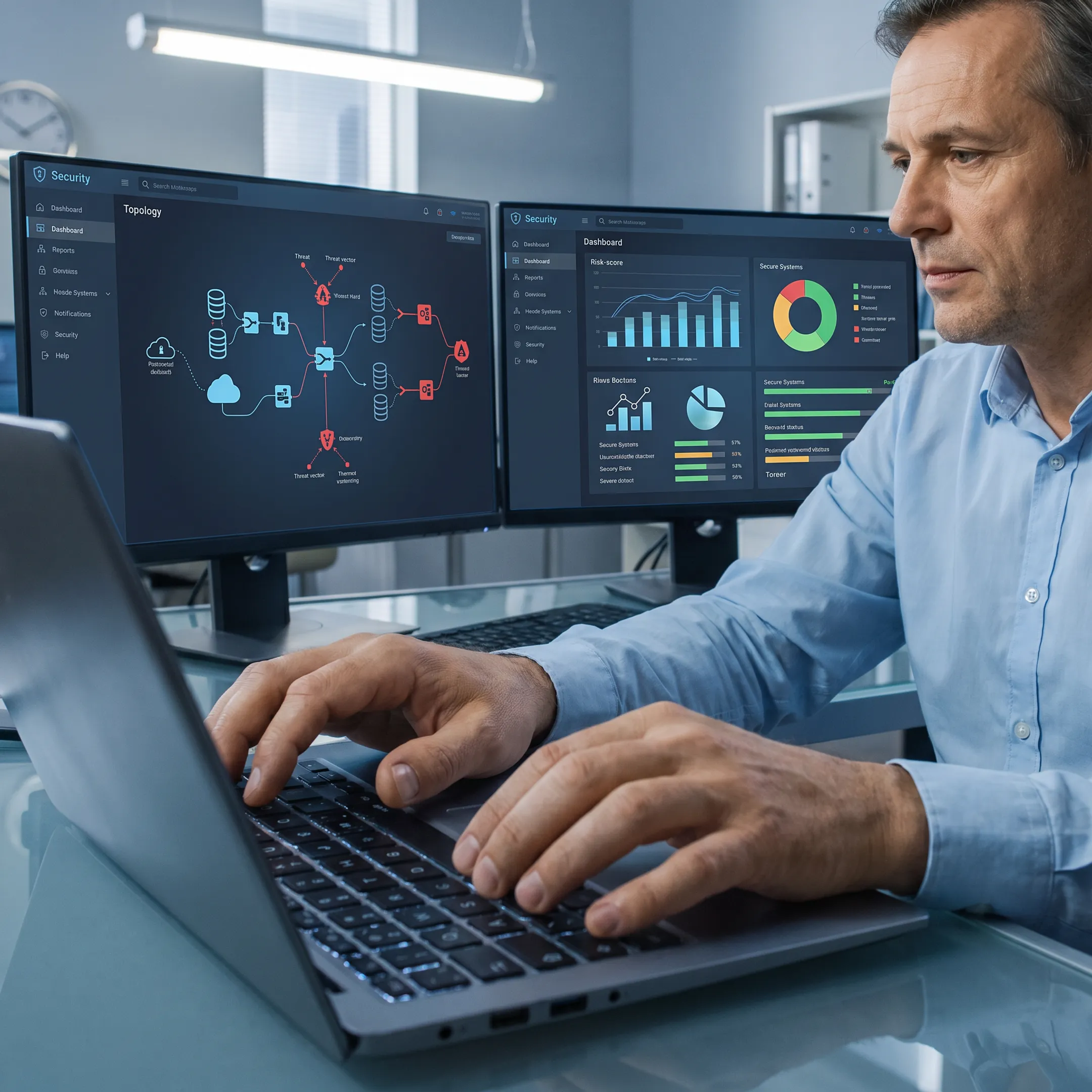 IT professional reviewing cybersecurity dashboard