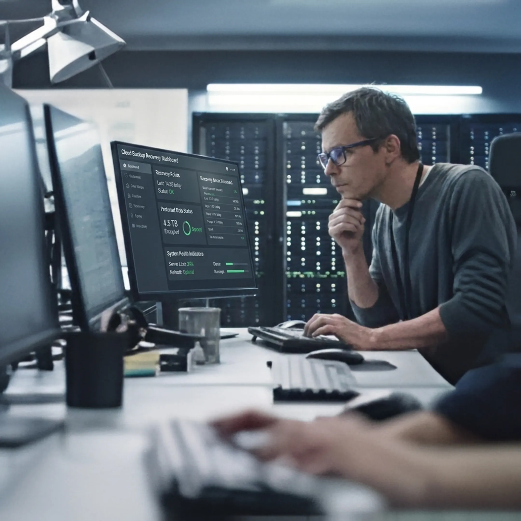 Engineer reviewing cloud backup recovery dashboard