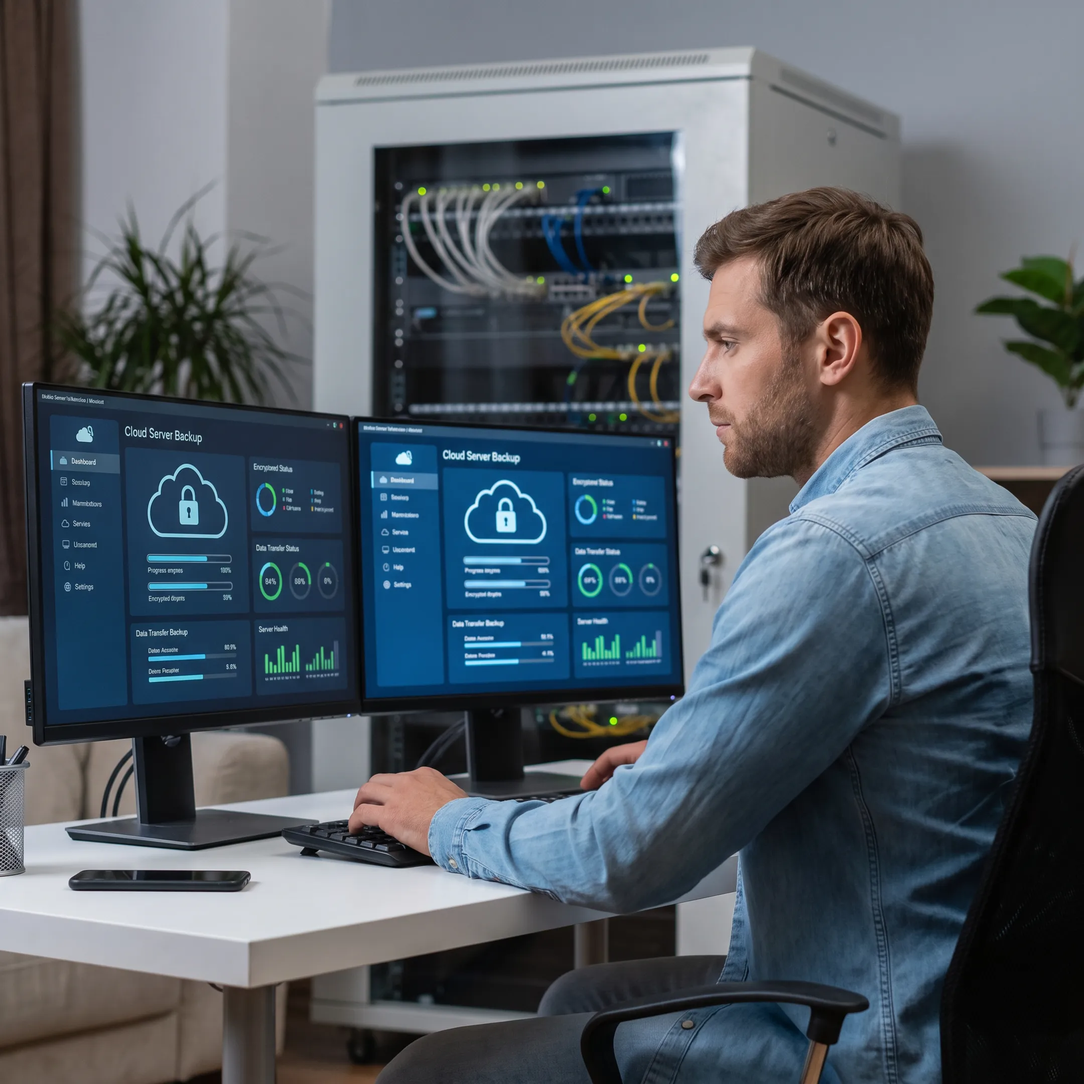 IT professional monitoring secure cloud server backups