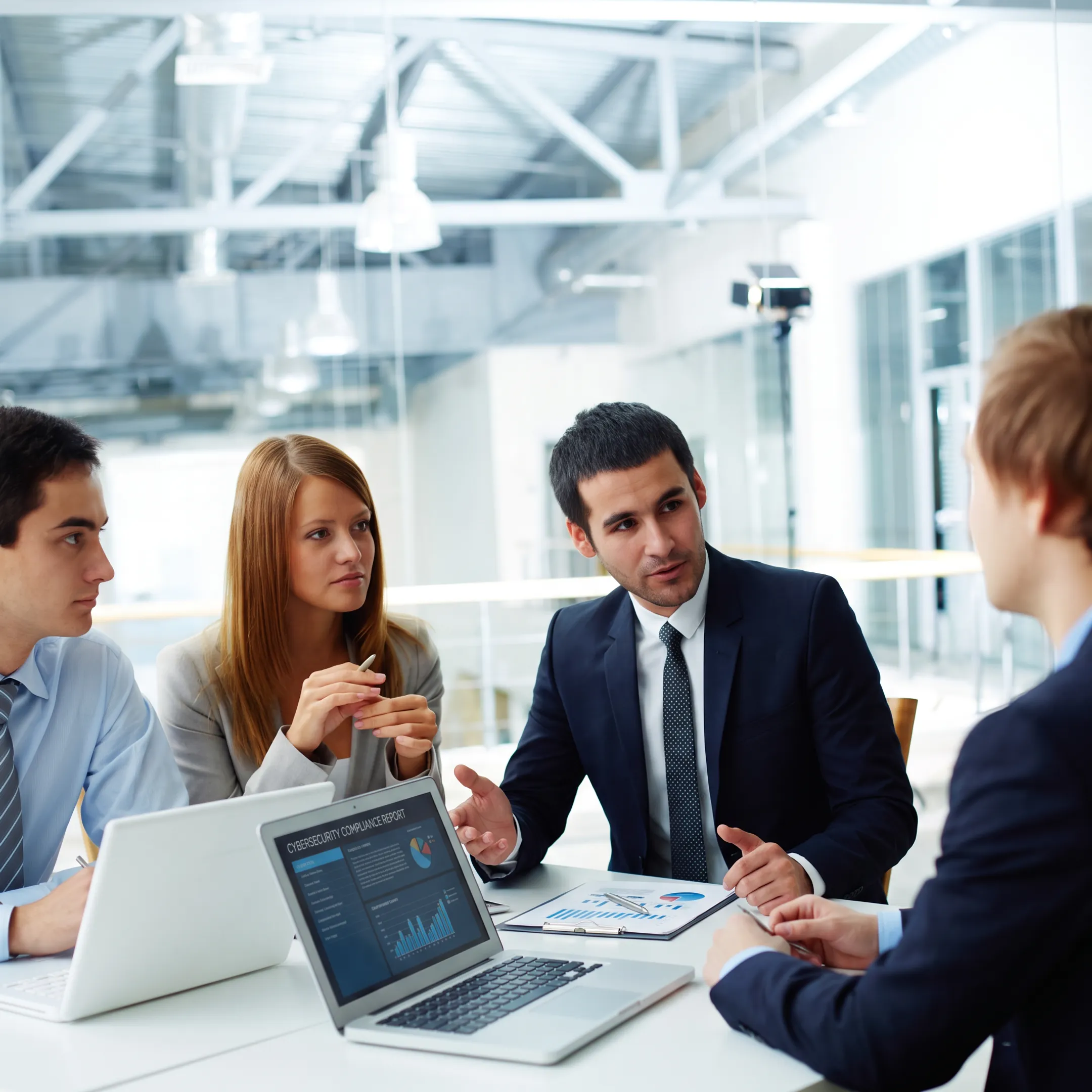 Consultant discussing IT compliance plan with business leaders
