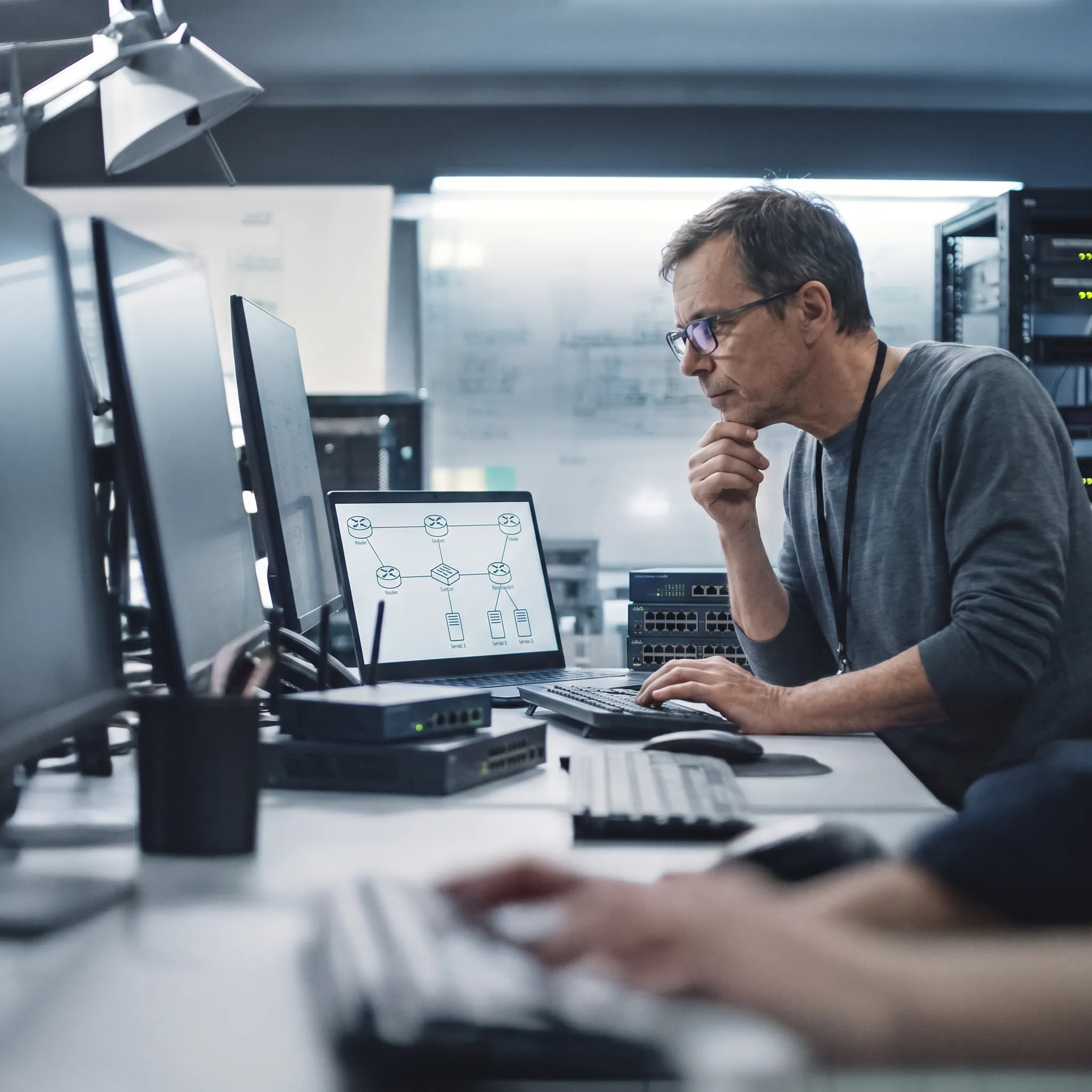 IT consultant reviewing a business network