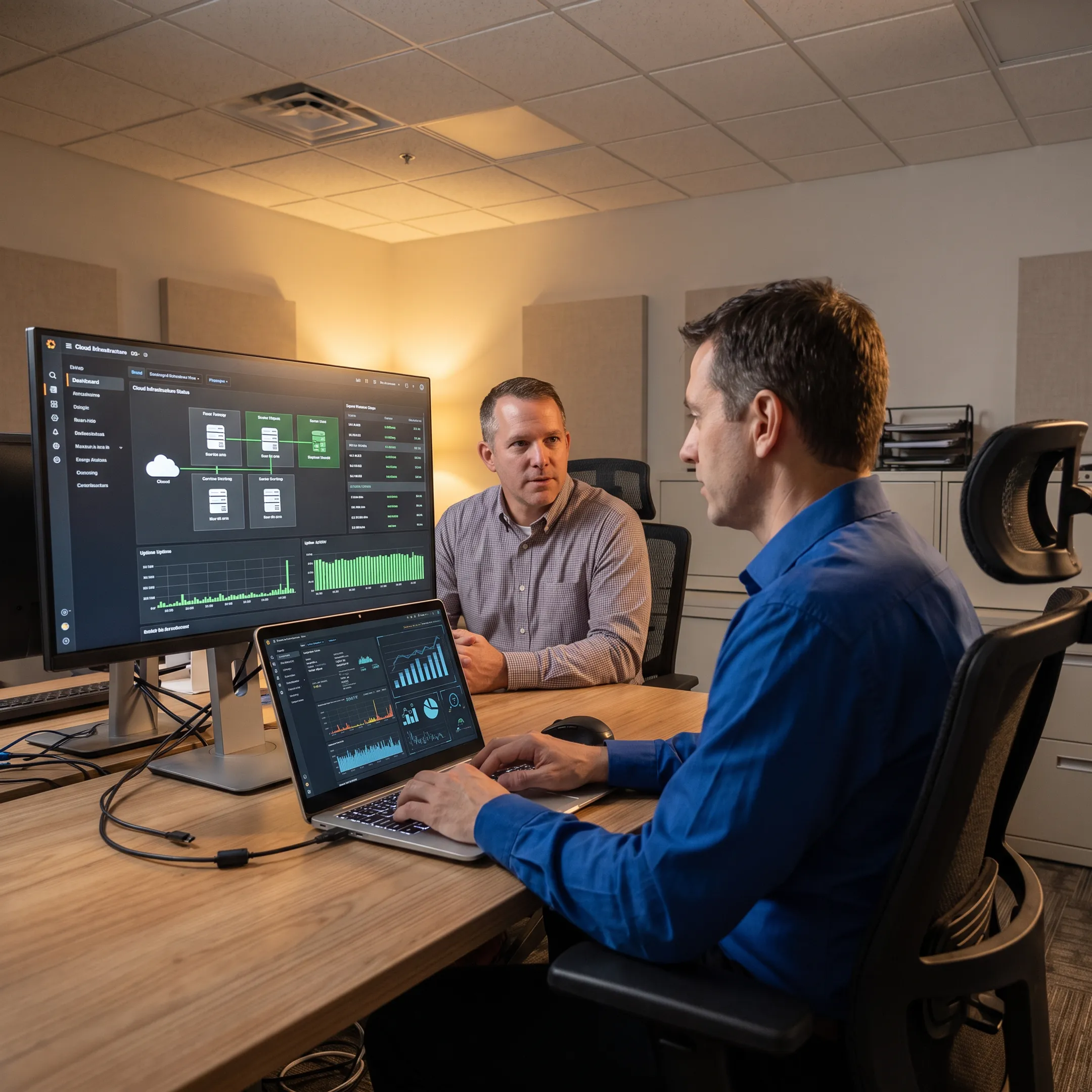 IT professionals reviewing business network performance
