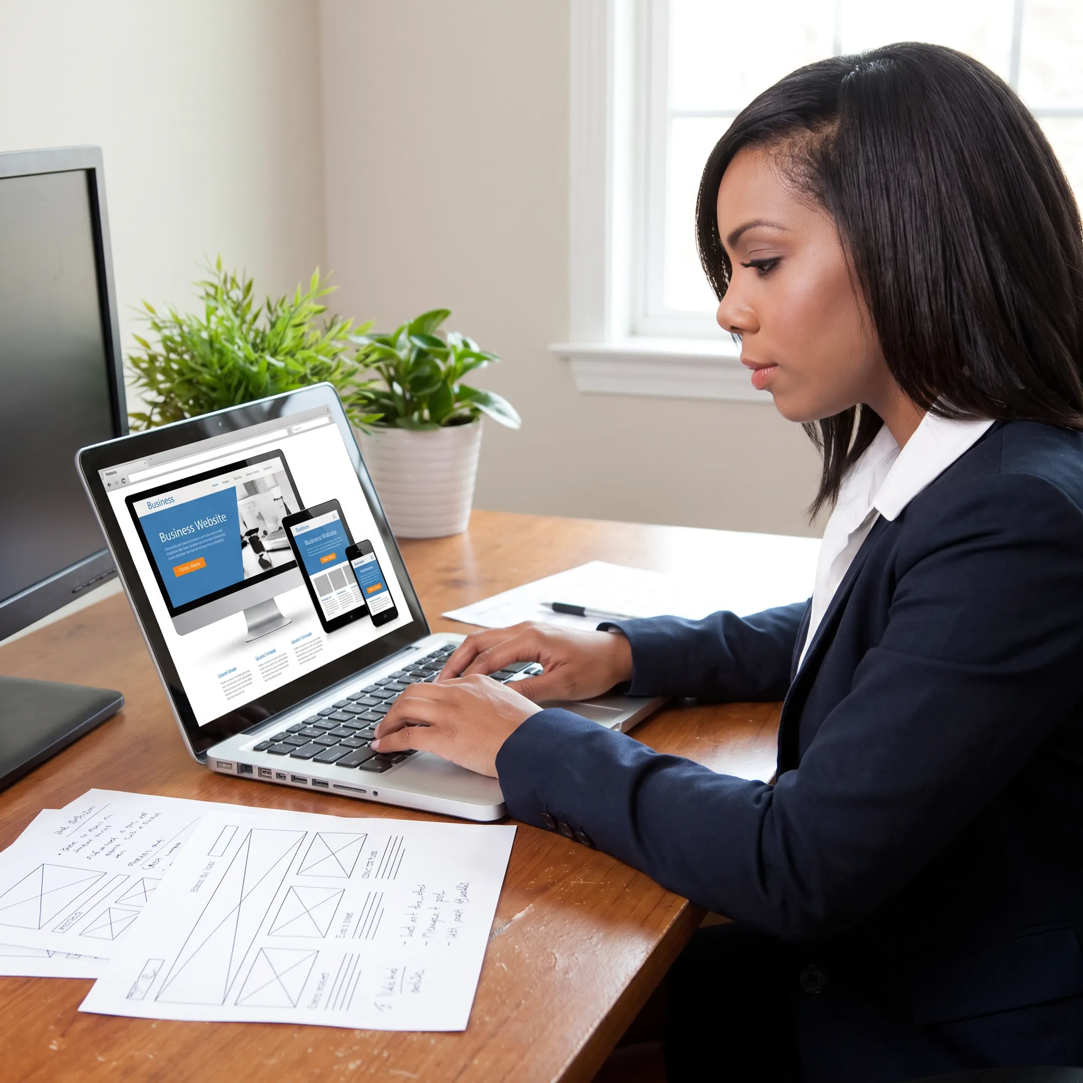 Designer reviewing a business website on a laptop