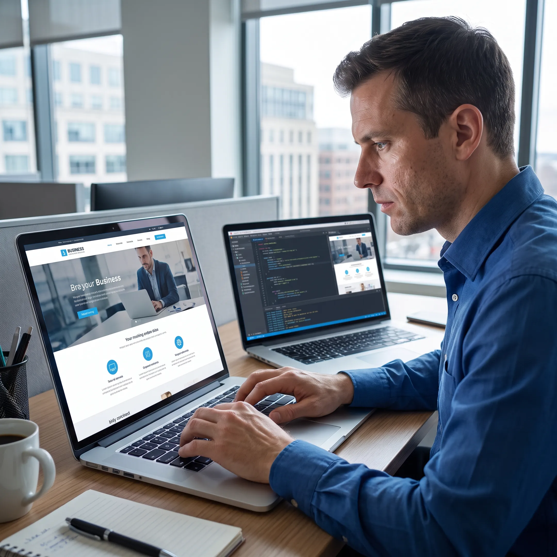 Web developer reviewing a business website on a laptop