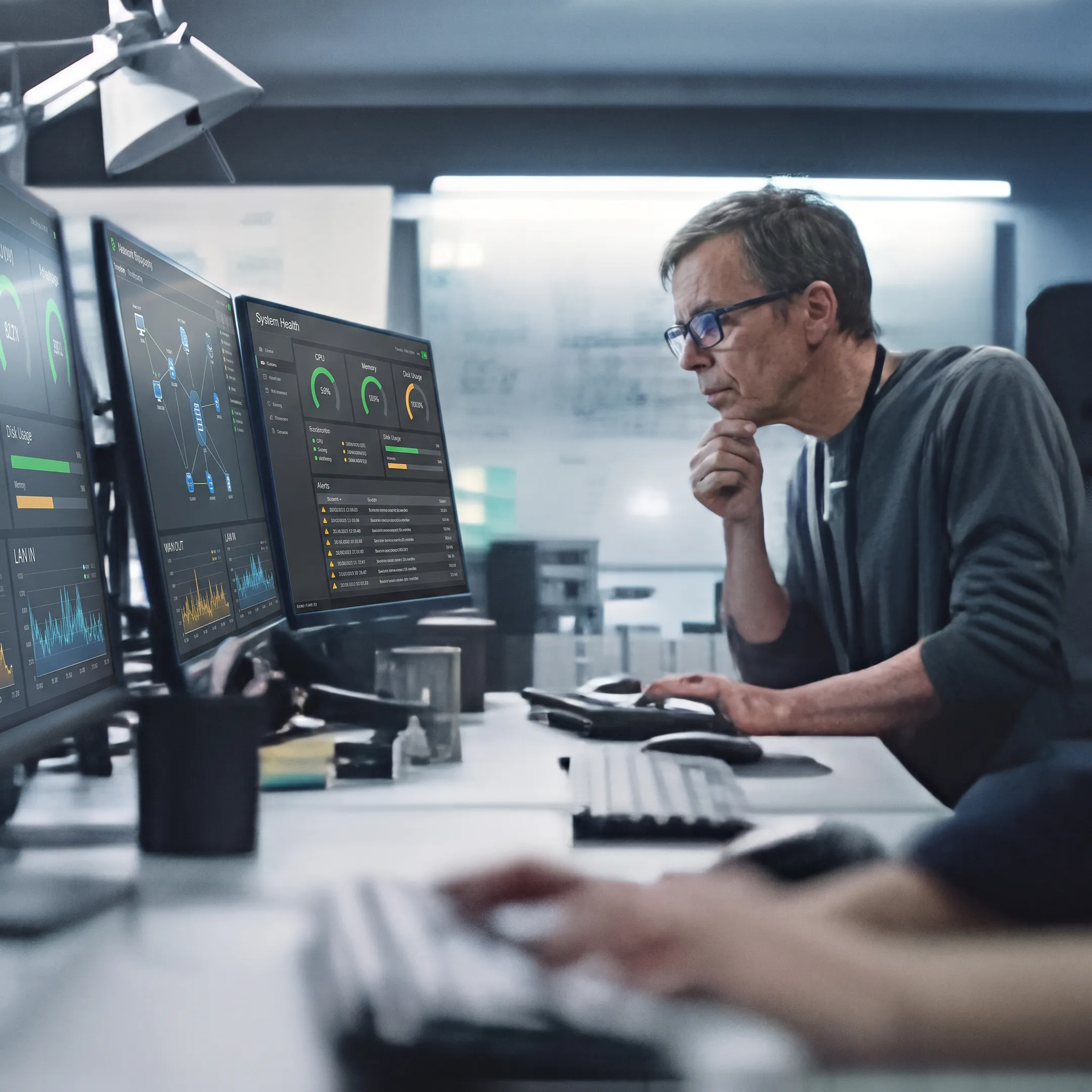 IT professional monitoring a business network