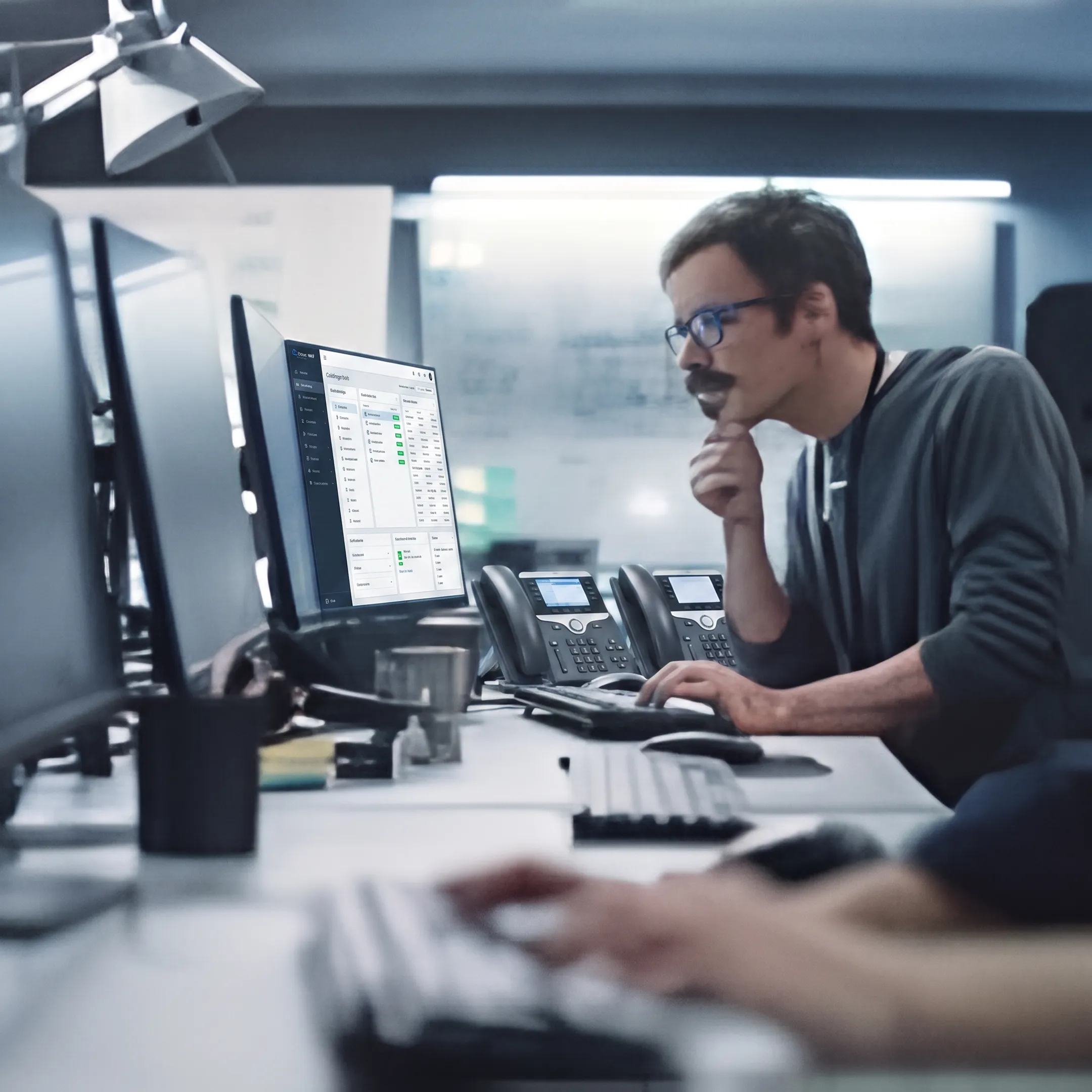 Engineer configuring a business VoIP phone system