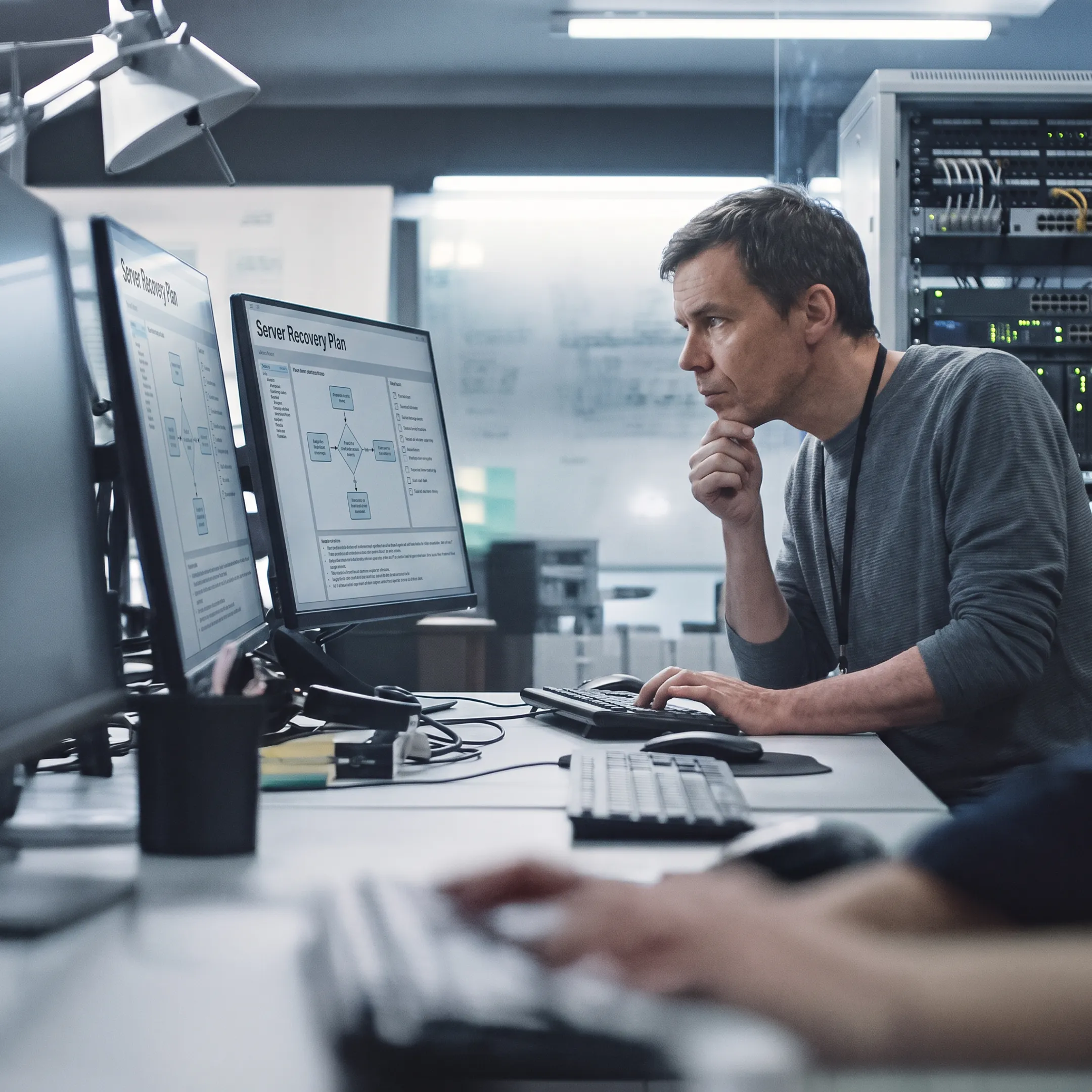 Technician reviewing server recovery plan