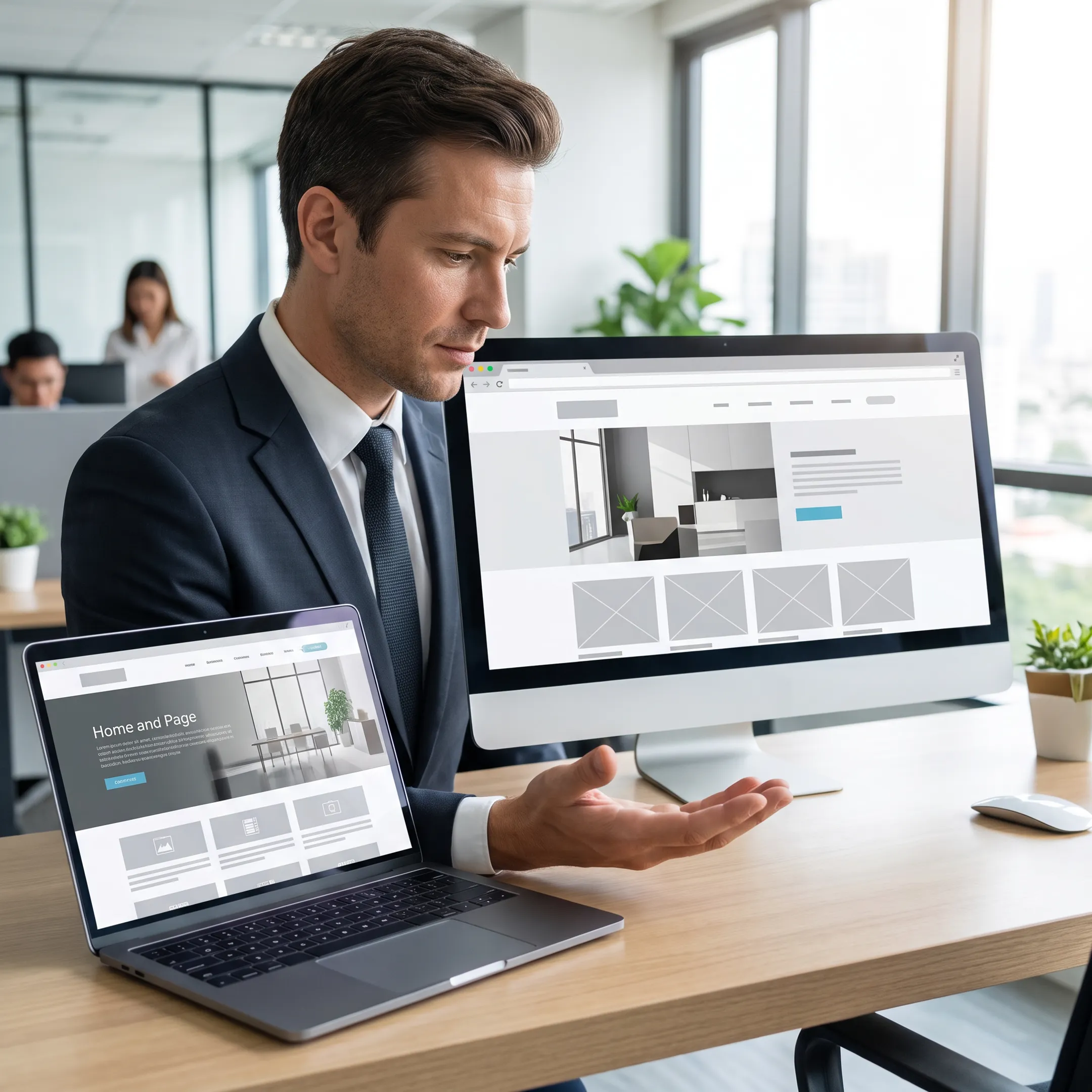 Designer reviewing a modern business website redesign