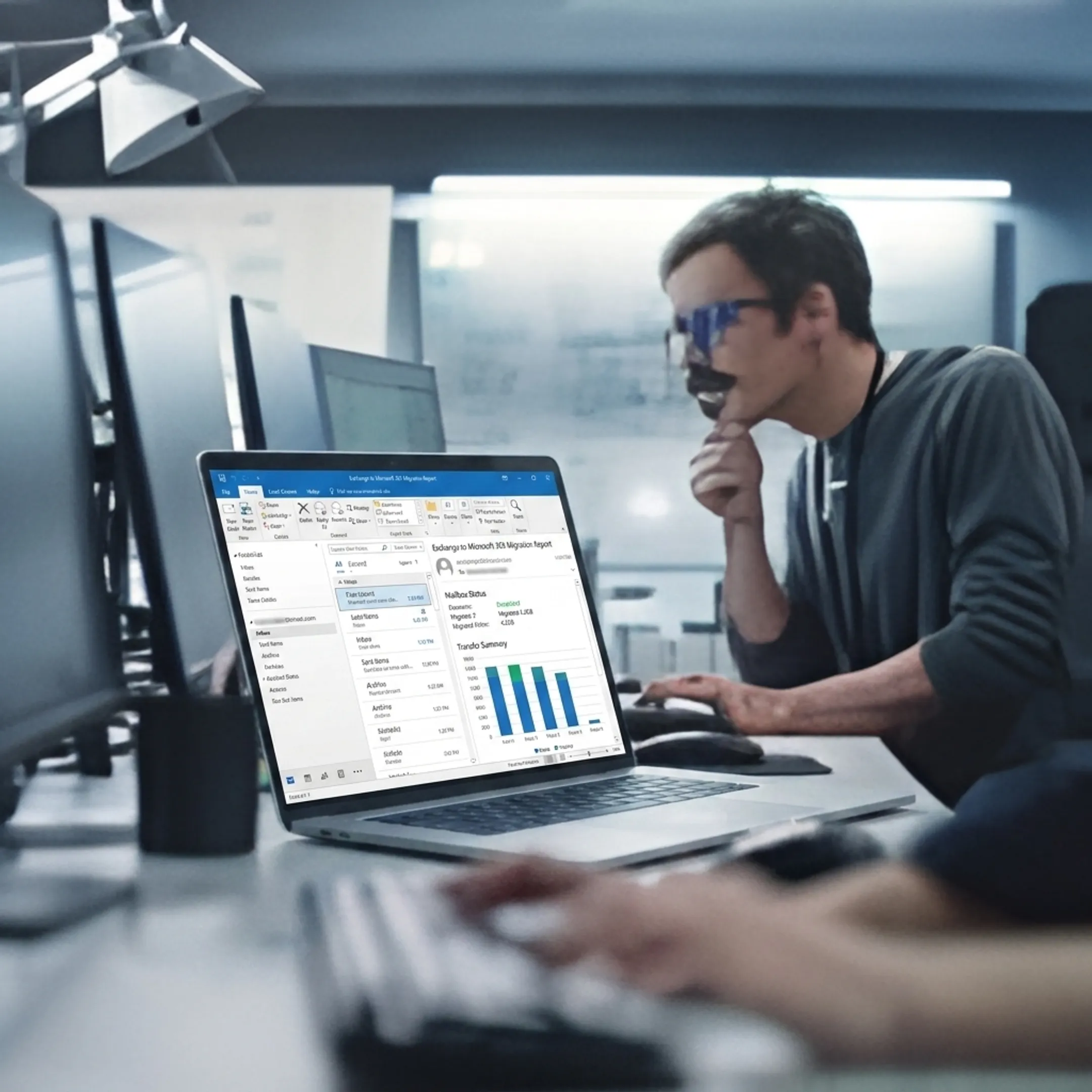 Technician validating an Exchange to Microsoft 365 migration