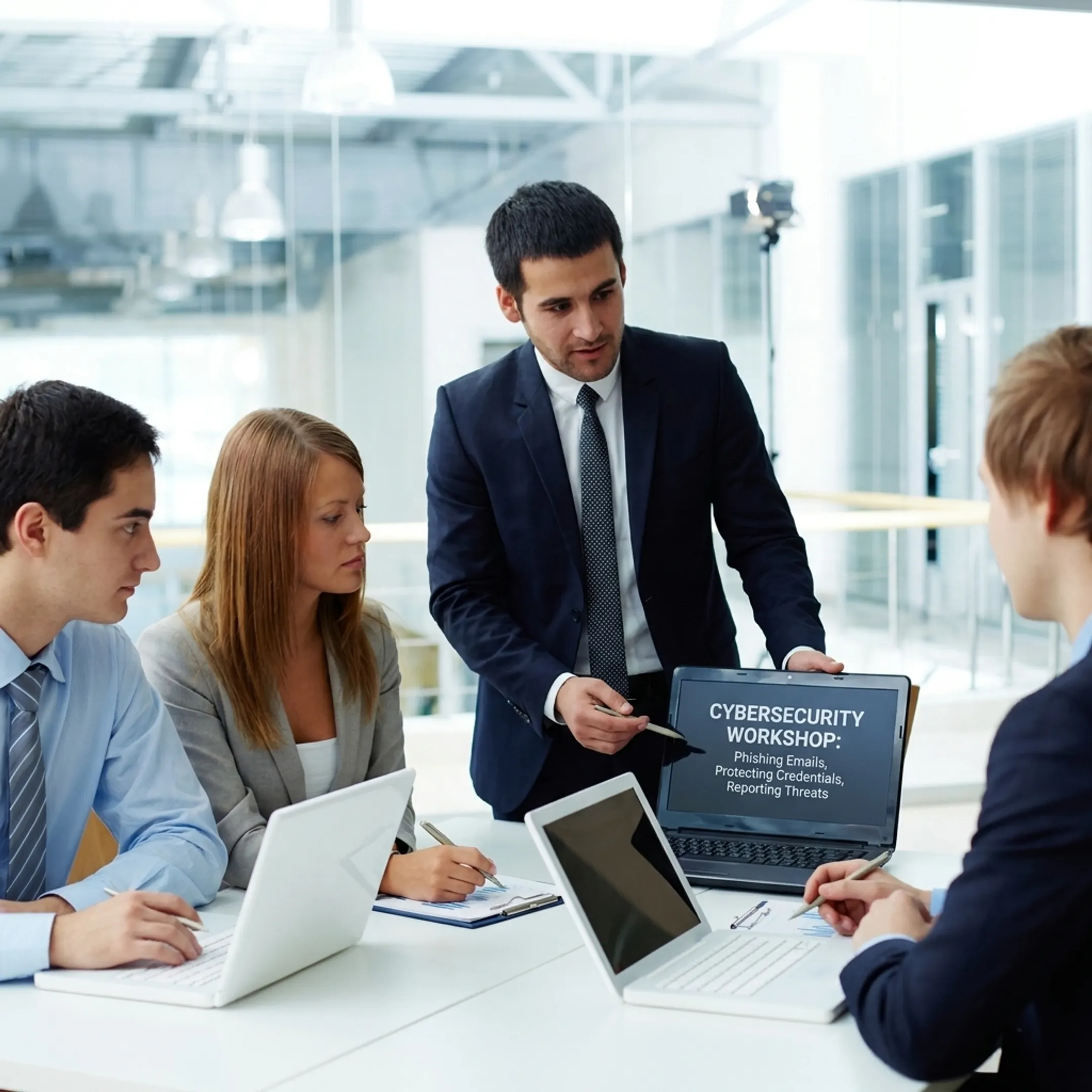 Cybersecurity trainer guiding an employee workshop