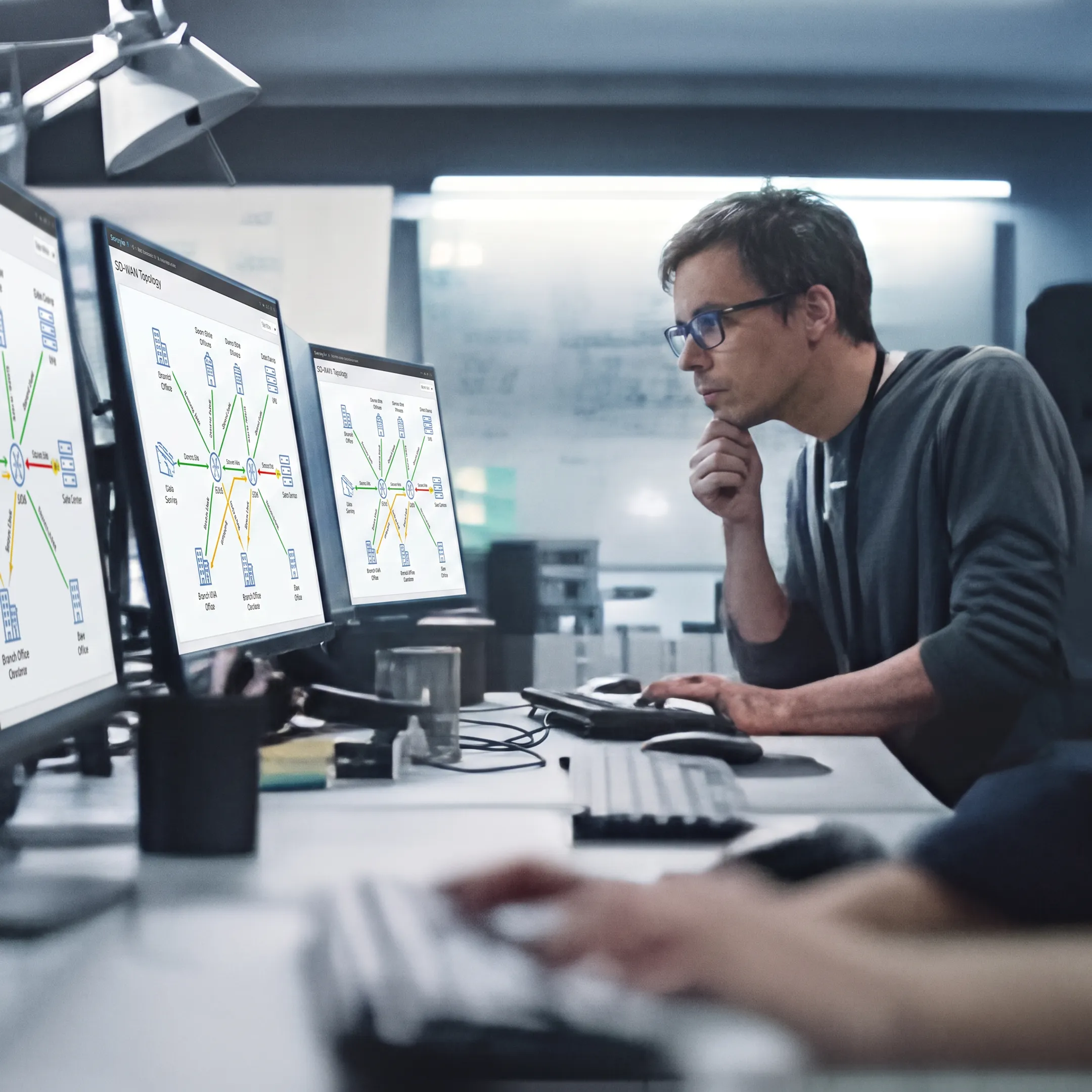 Network engineer reviewing SD-WAN connectivity