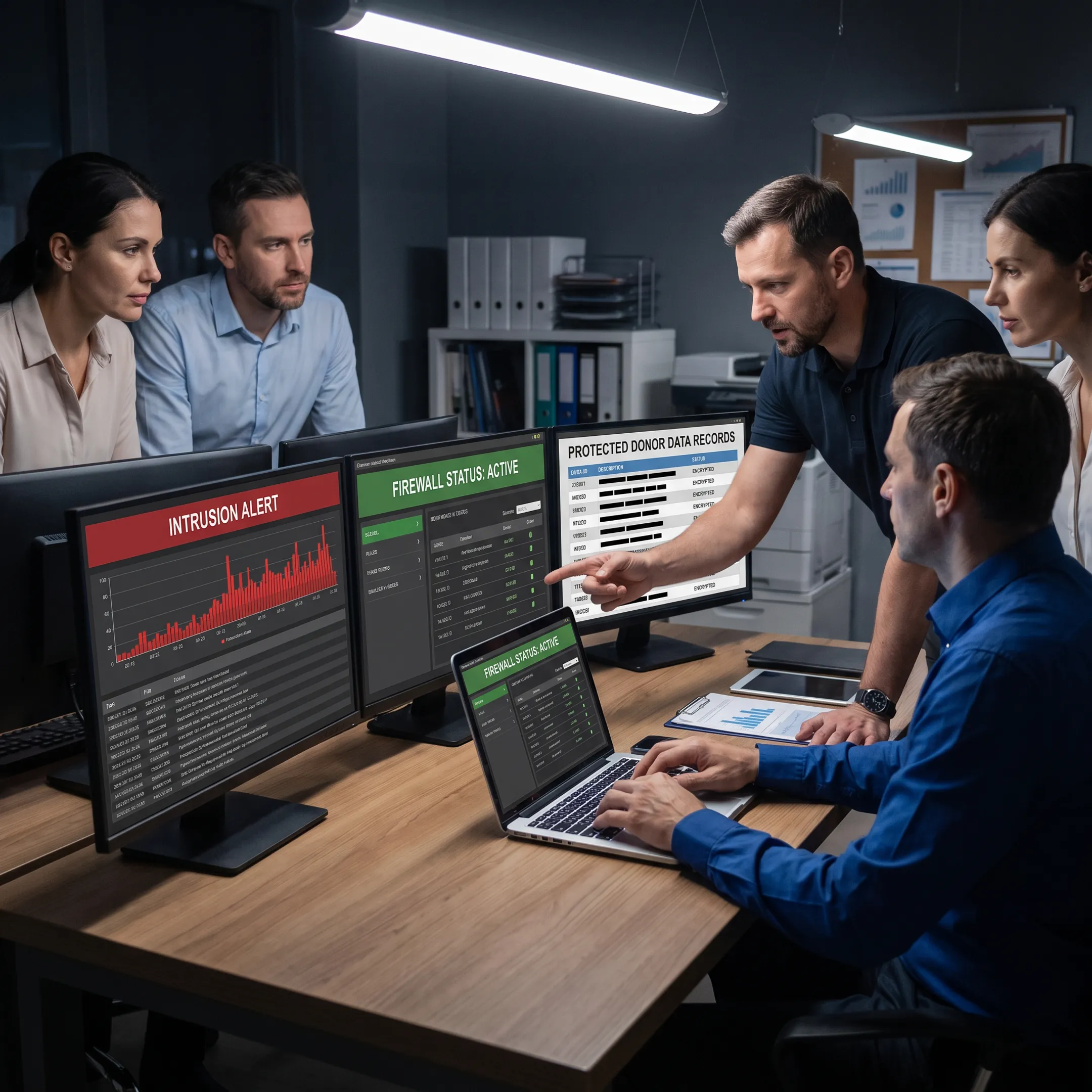 Nonprofit staff reviewing cybersecurity protections