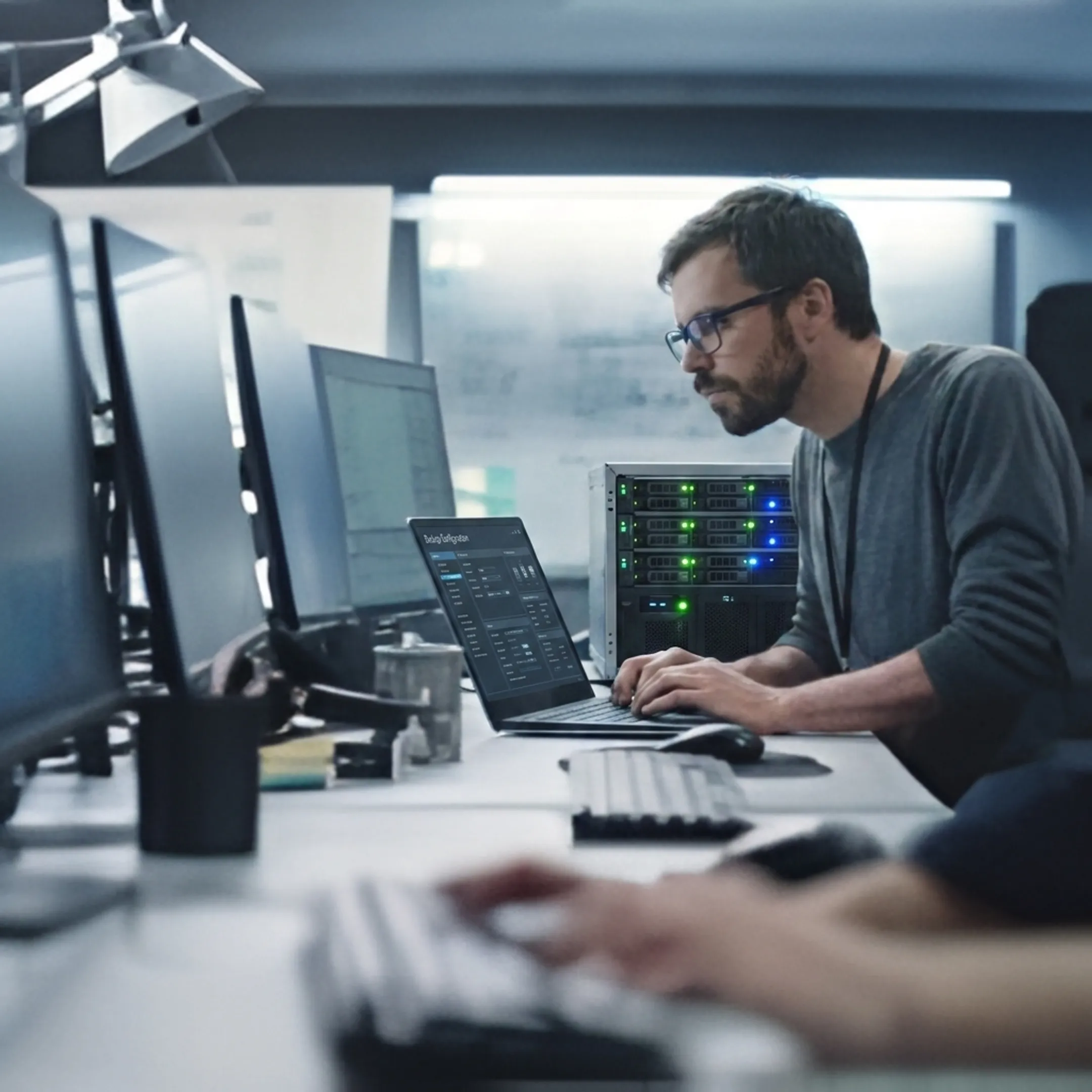 Technician configuring business data backup