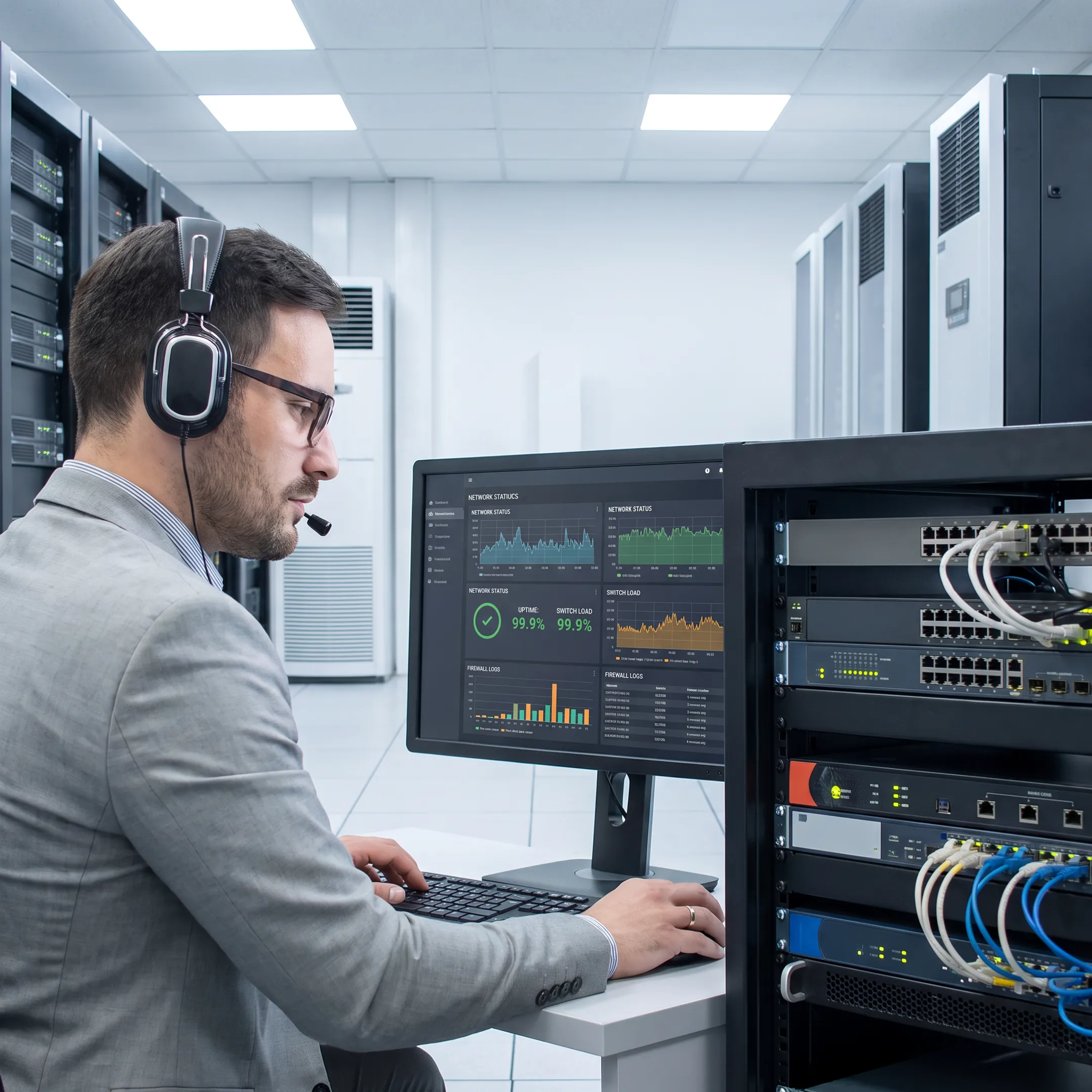 Technician reviewing a business network dashboard