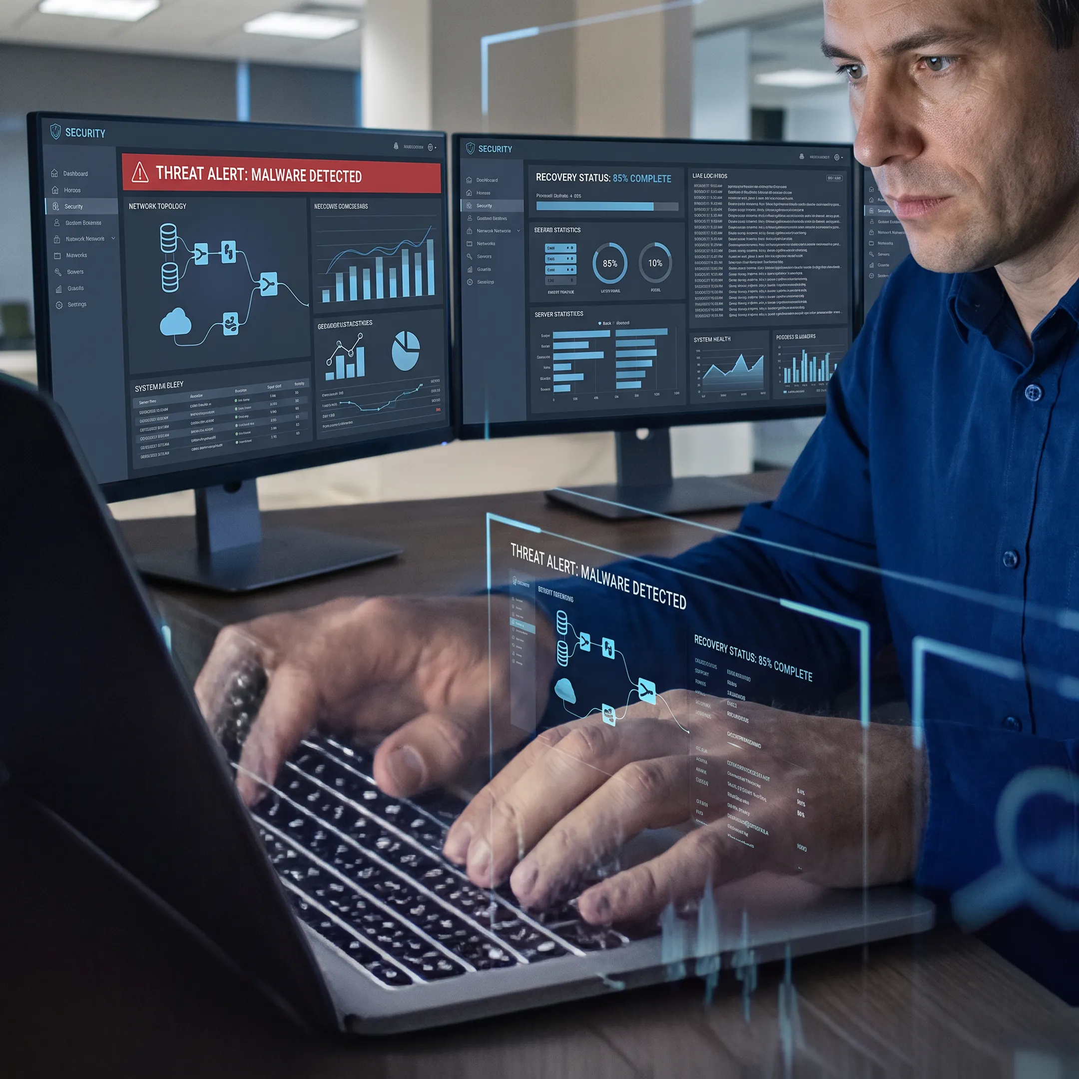 IT specialist reviewing a cybersecurity incident dashboard