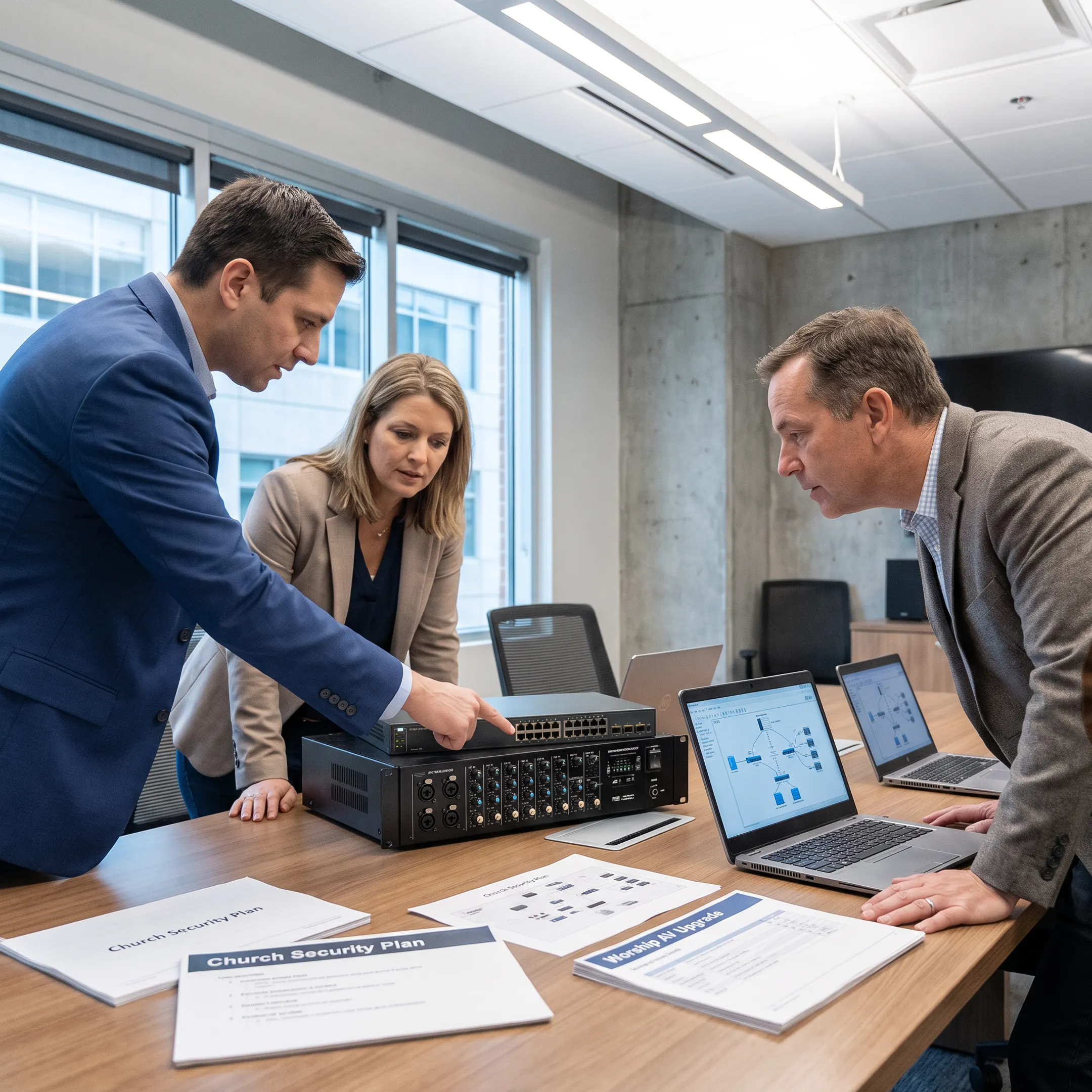 Church staff reviewing technology with an IT specialist