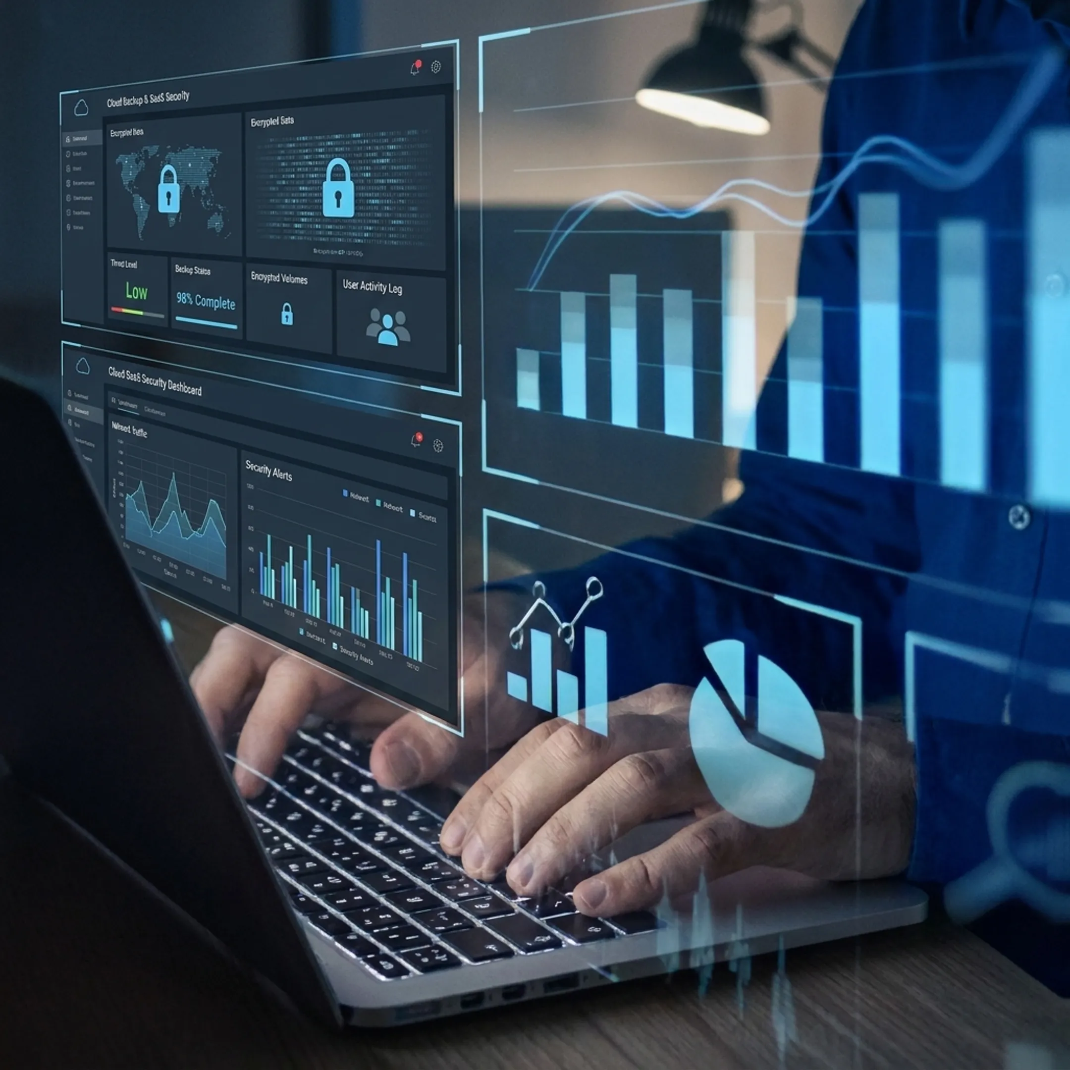 IT professional reviewing SaaS data protection dashboard