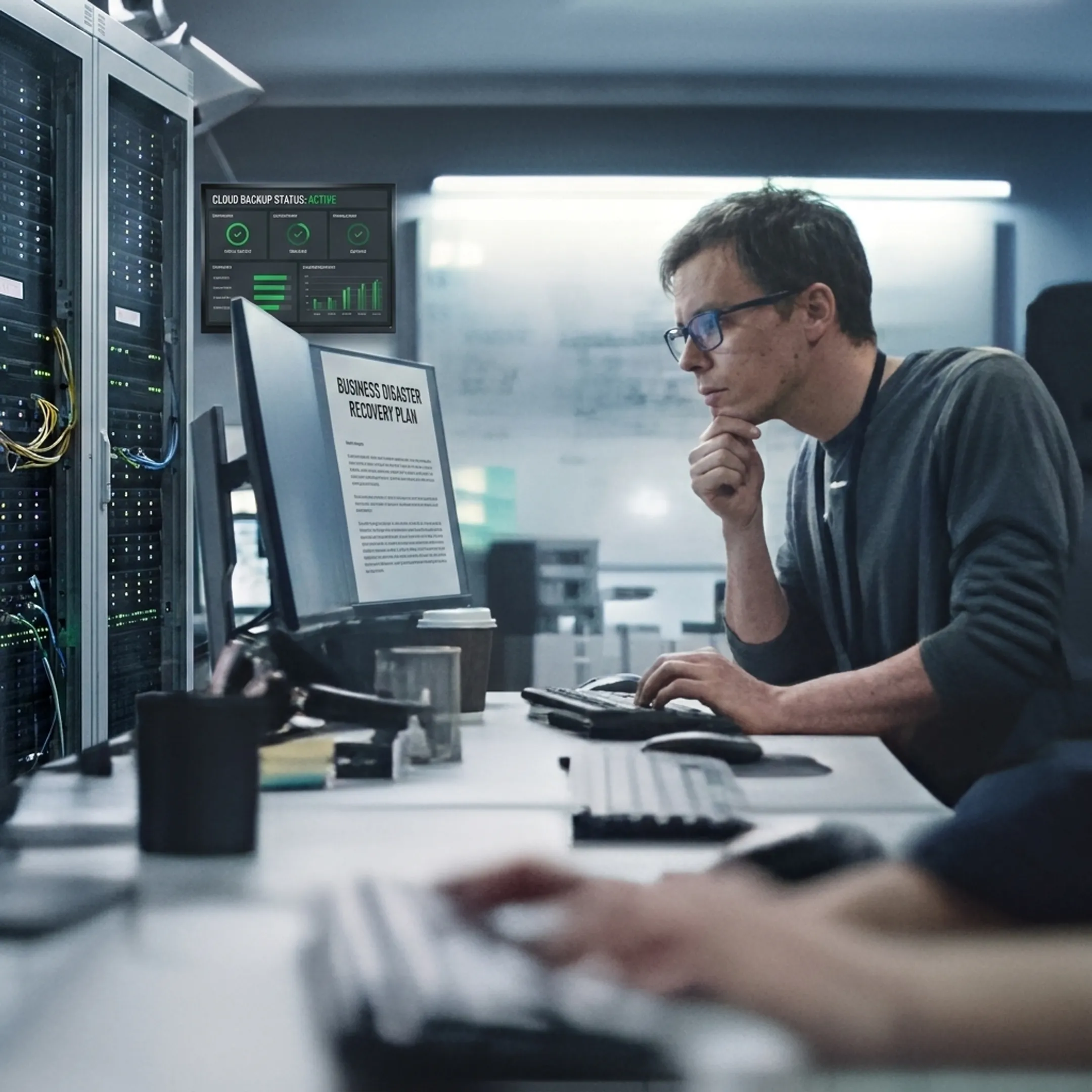 Engineer reviewing data recovery plan