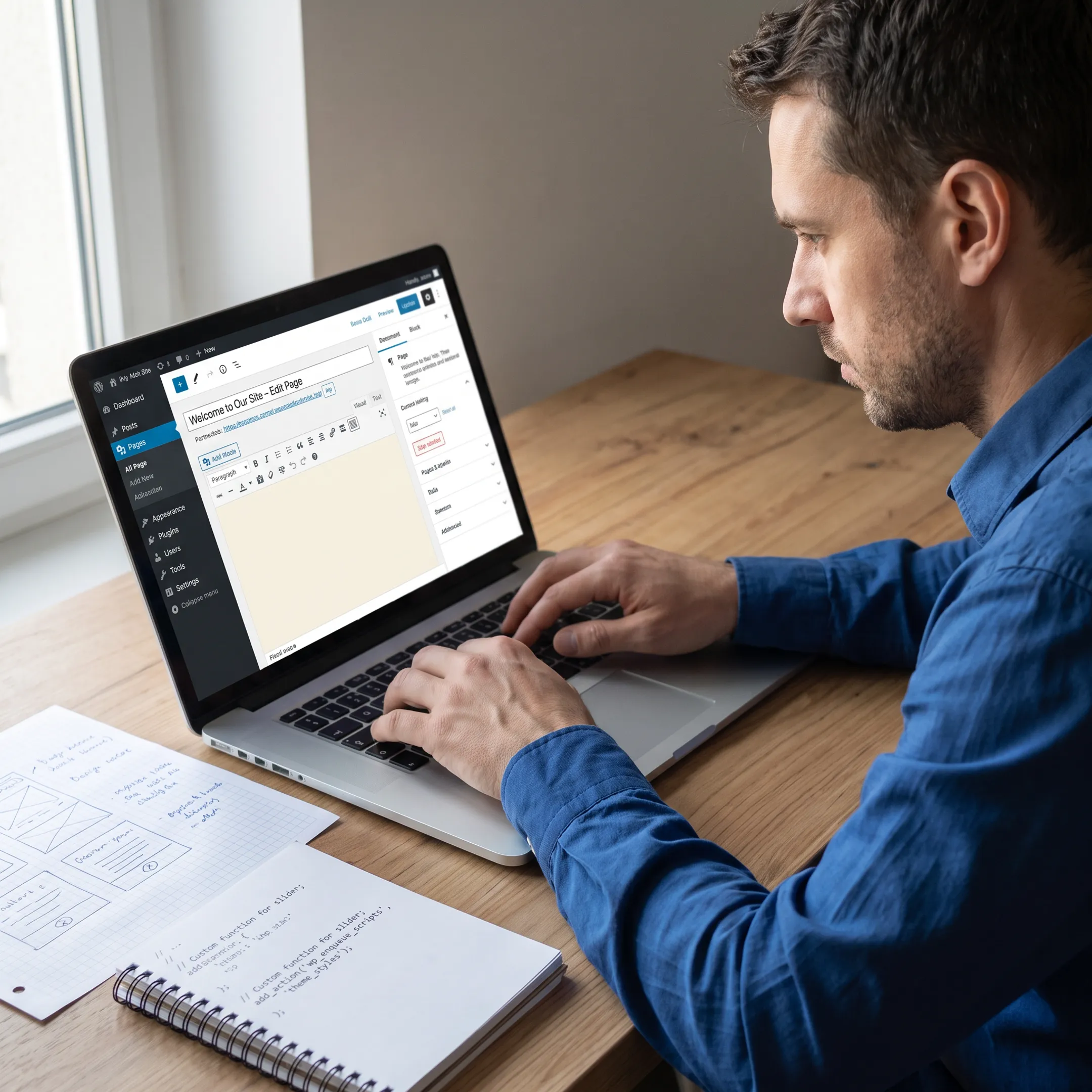 Developer building a WordPress website on a laptop
