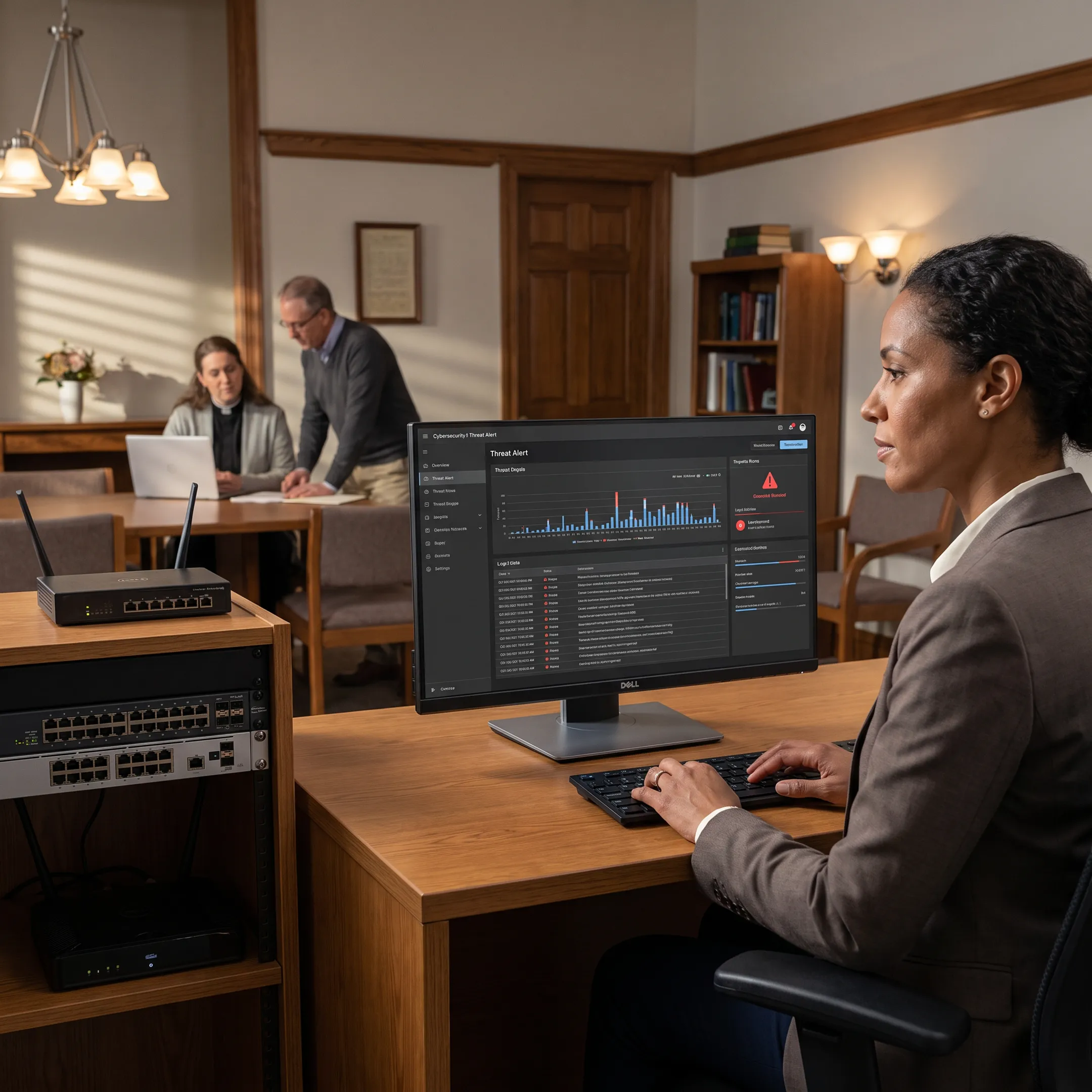 IT professional reviewing church cybersecurity dashboard