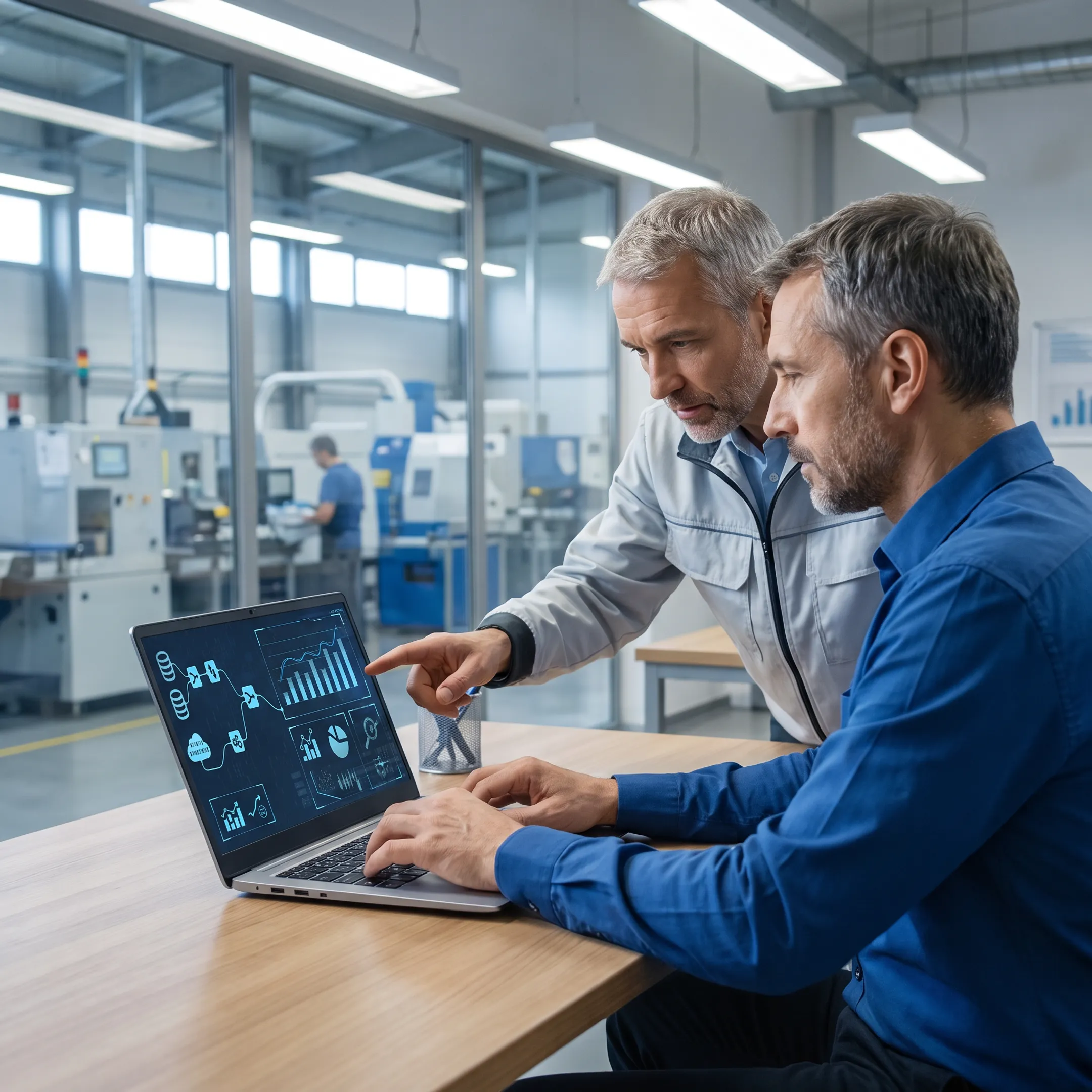 IT consultant reviewing manufacturing technology systems