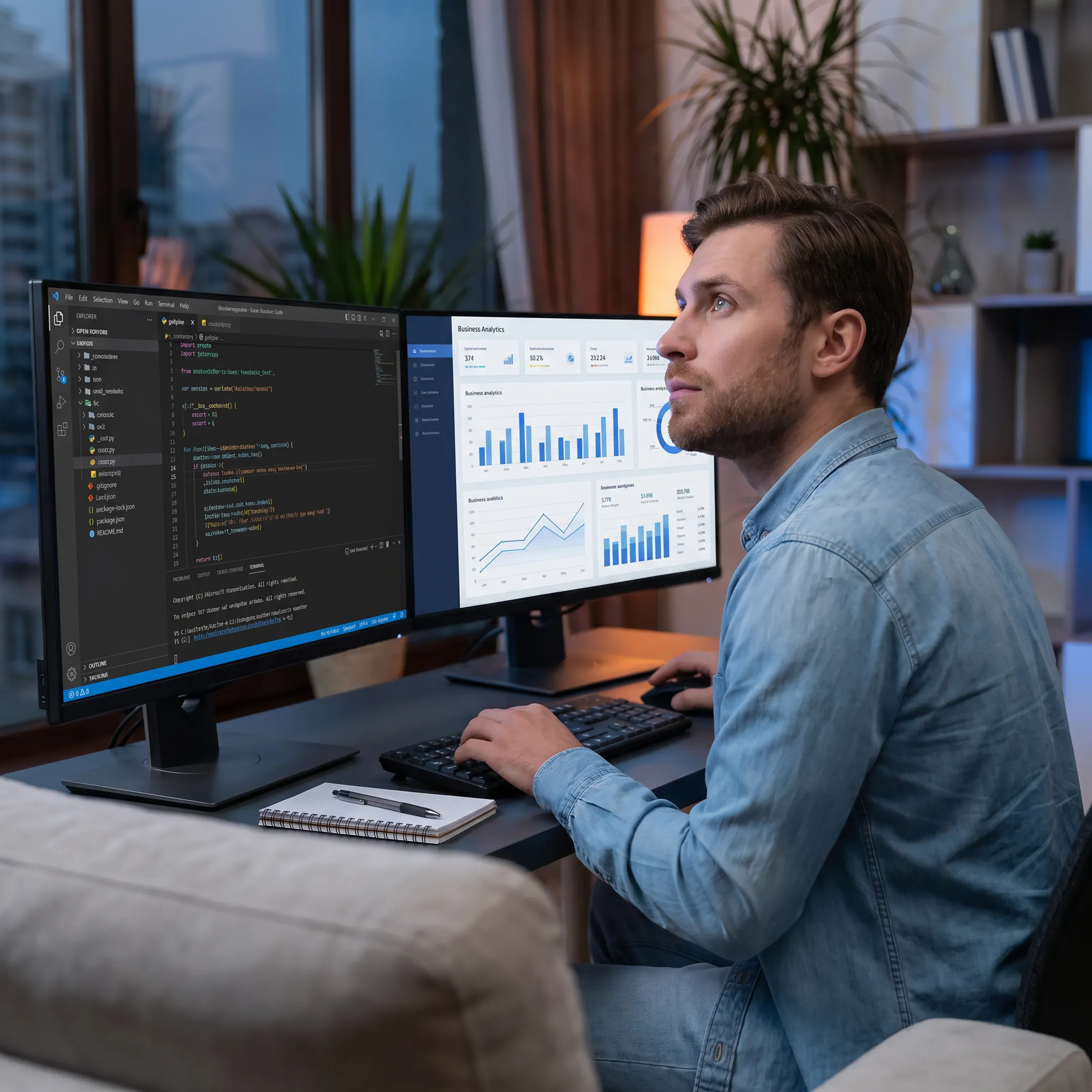 Web developer reviewing a business website on dual monitors