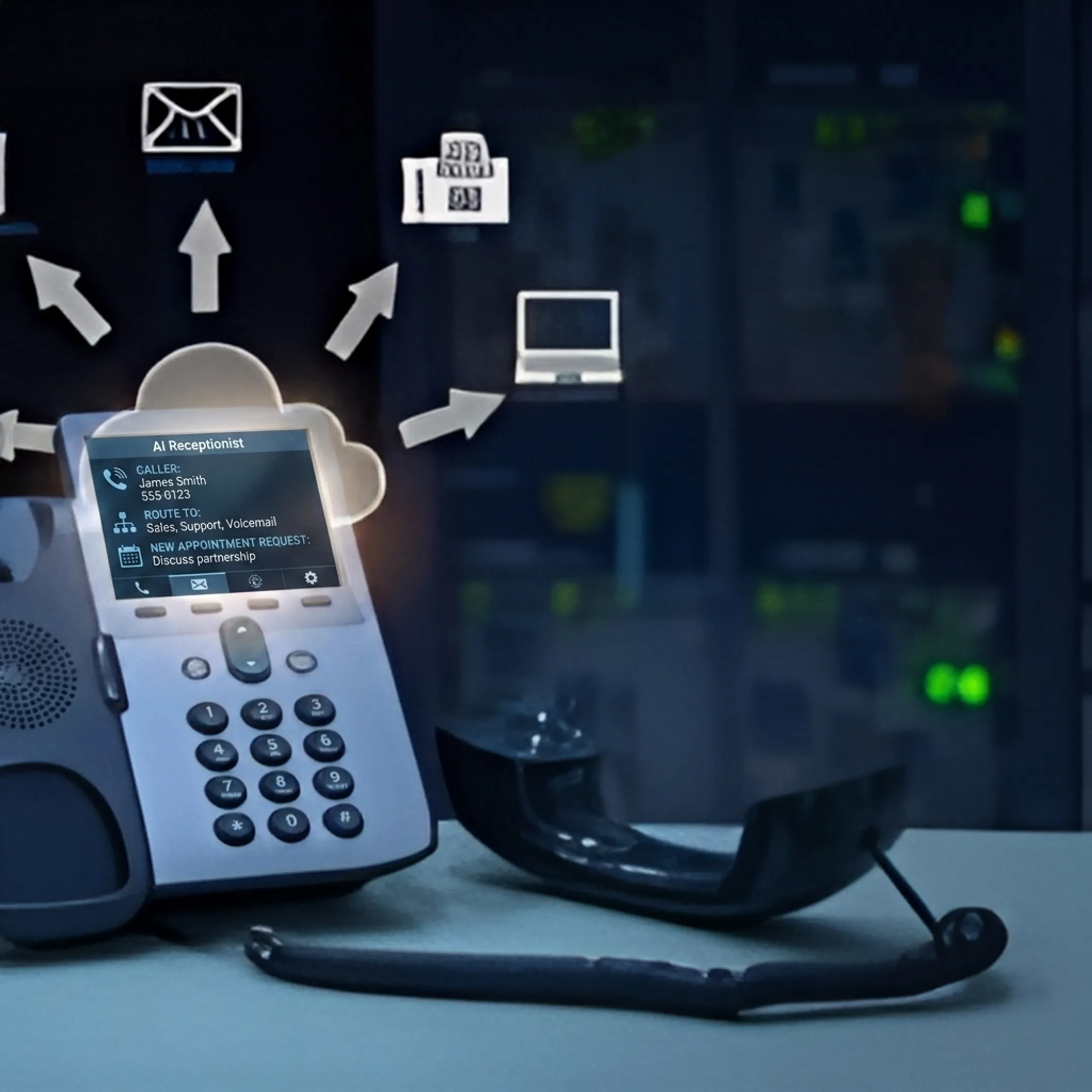 AI receptionist assisting a caller through a business phone system