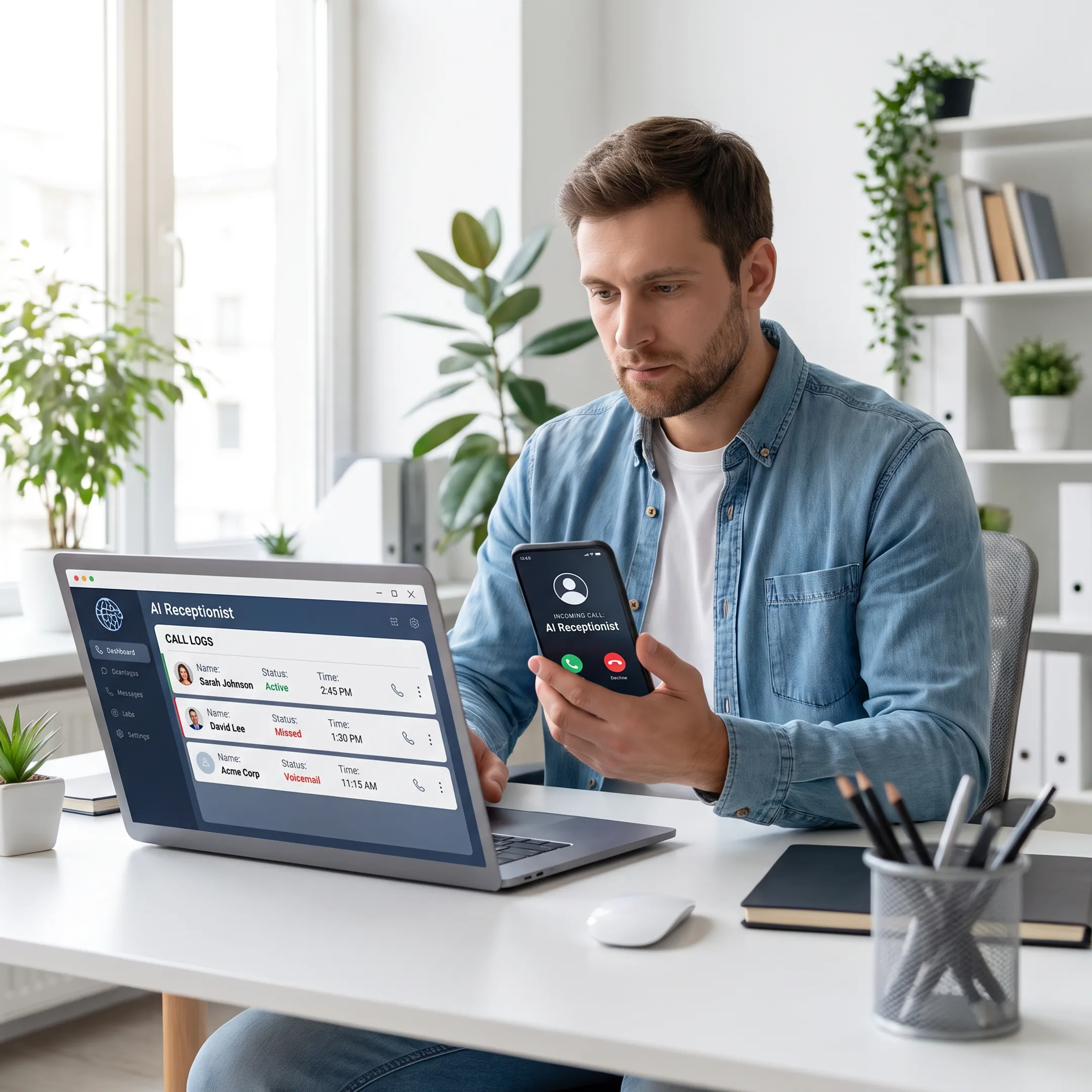 Business professional using an AI call answering dashboard