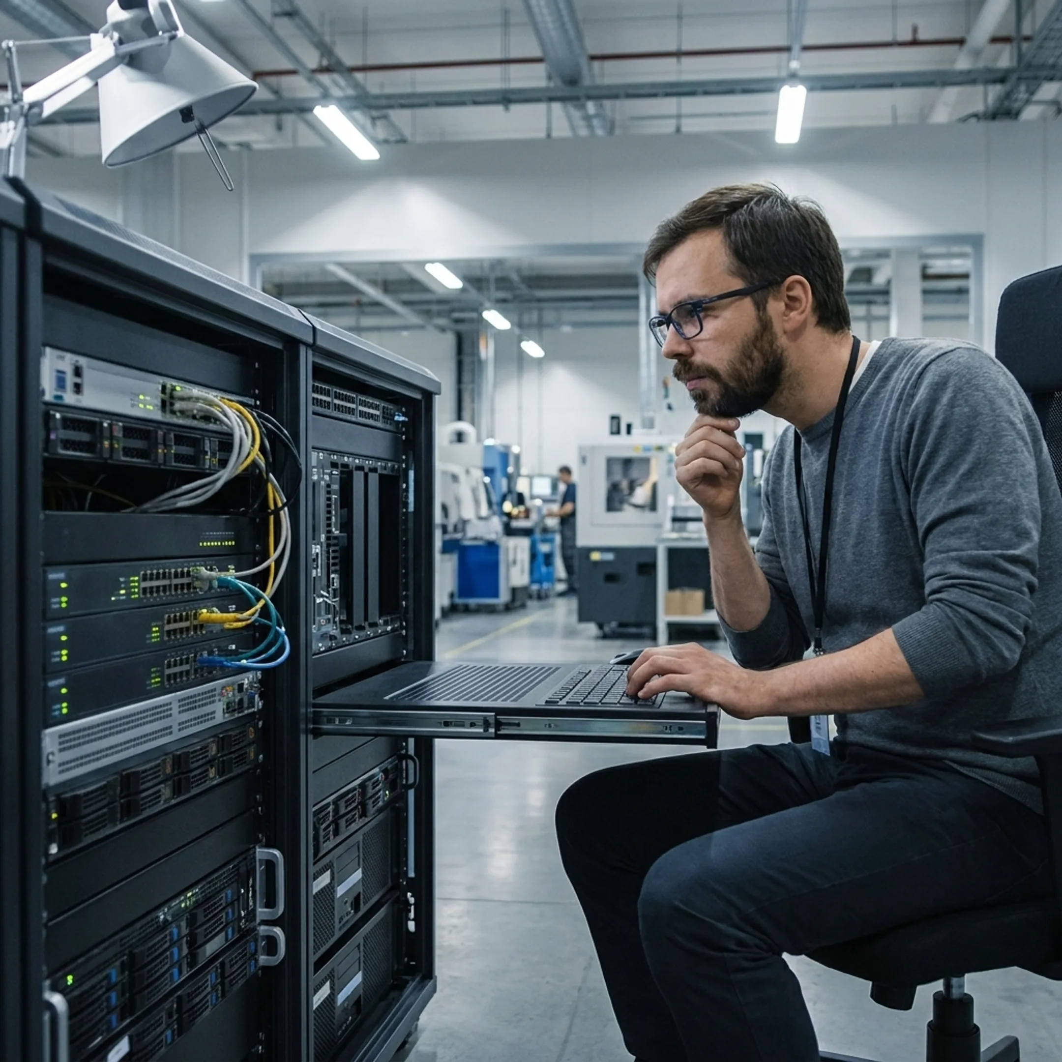 Technician reviewing manufacturing IT infrastructure