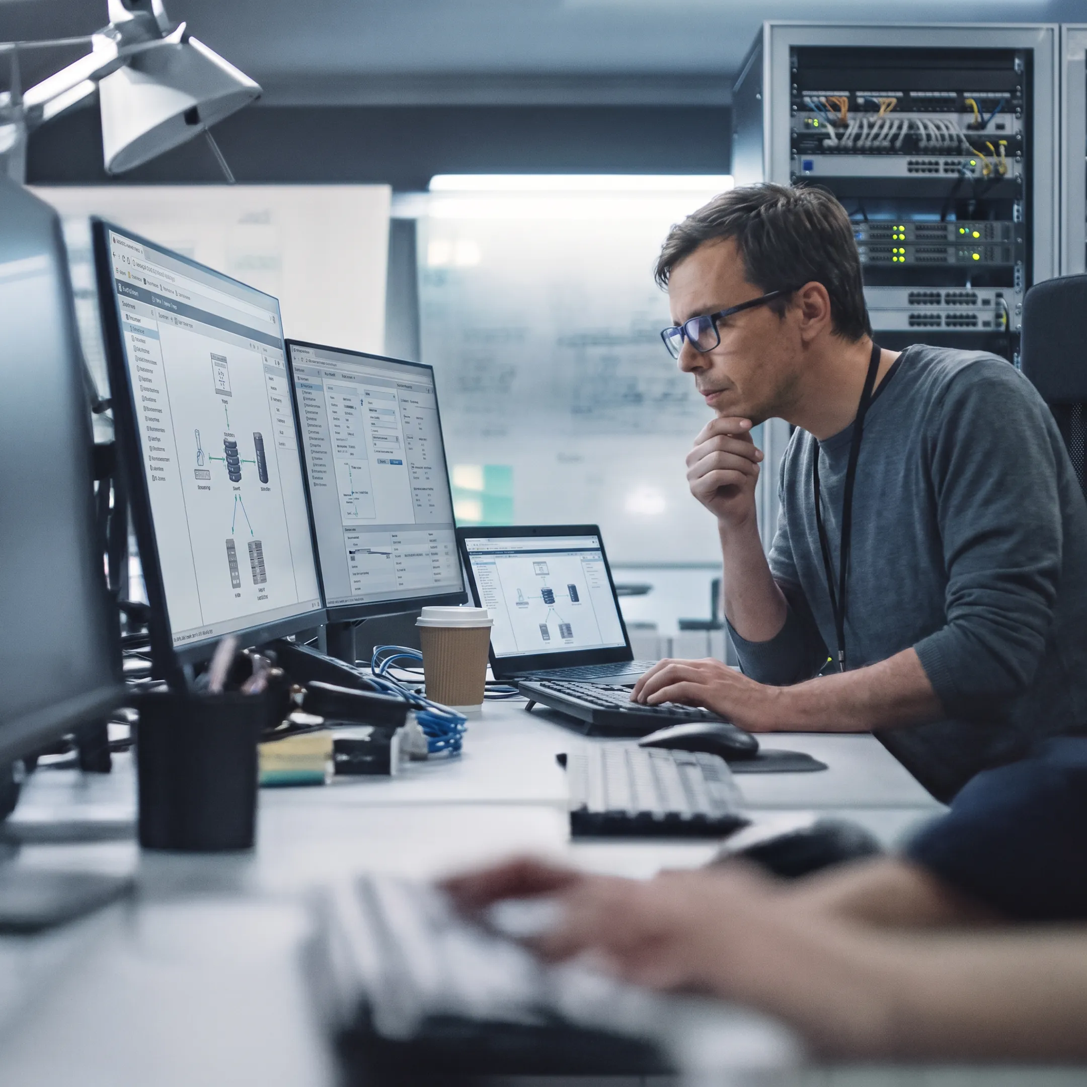 Technician reviewing server infrastructure