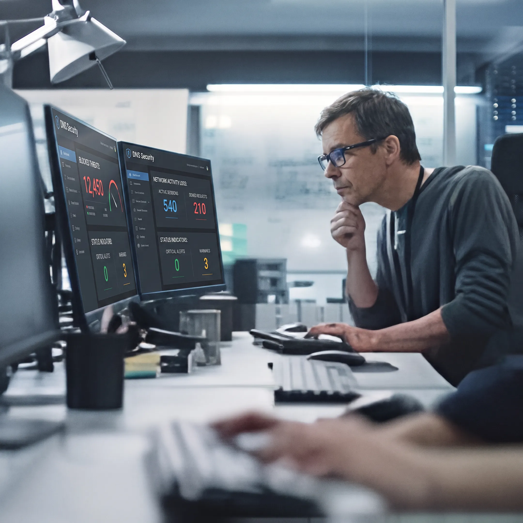 IT specialist reviewing DNS security dashboard