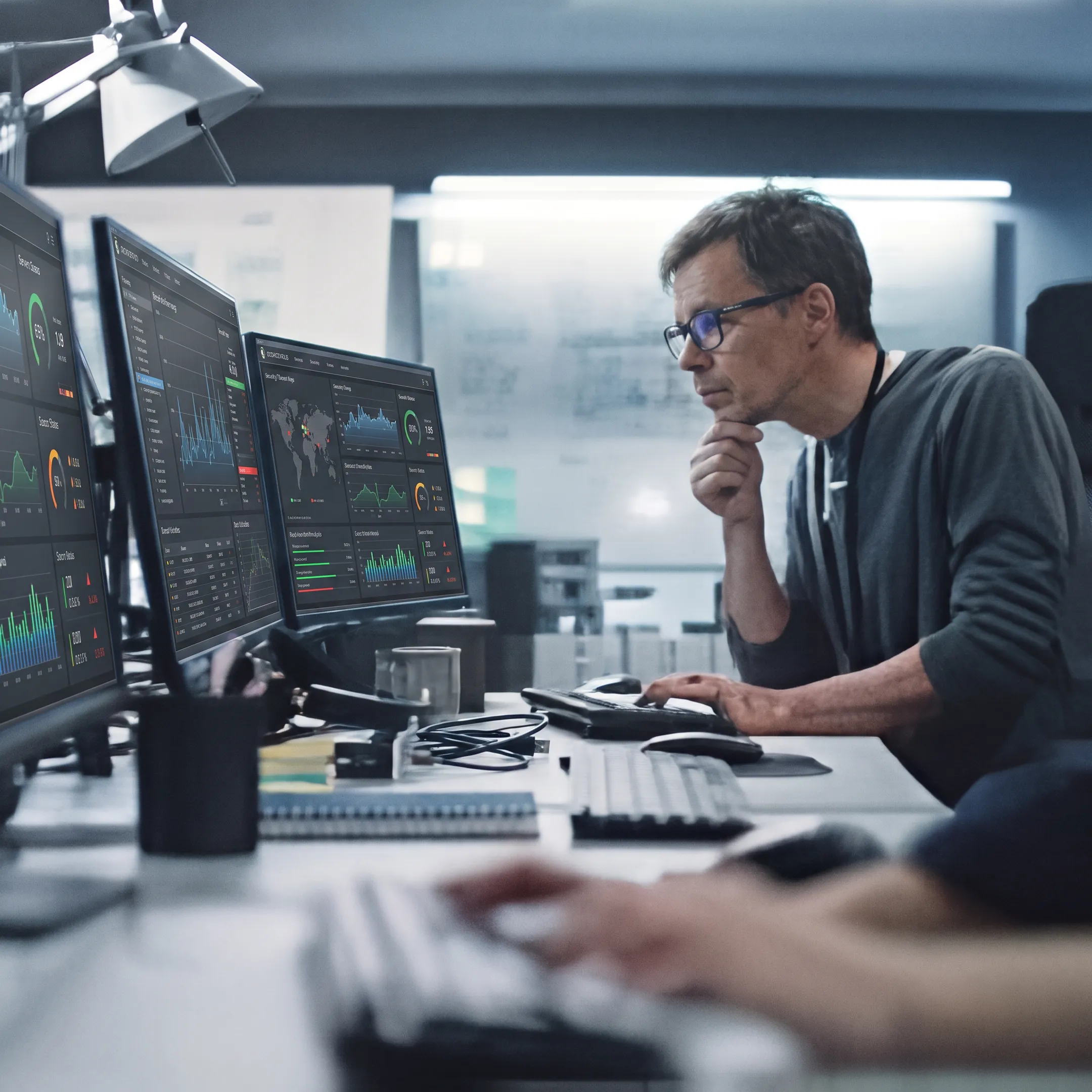 IT engineer reviewing small business network