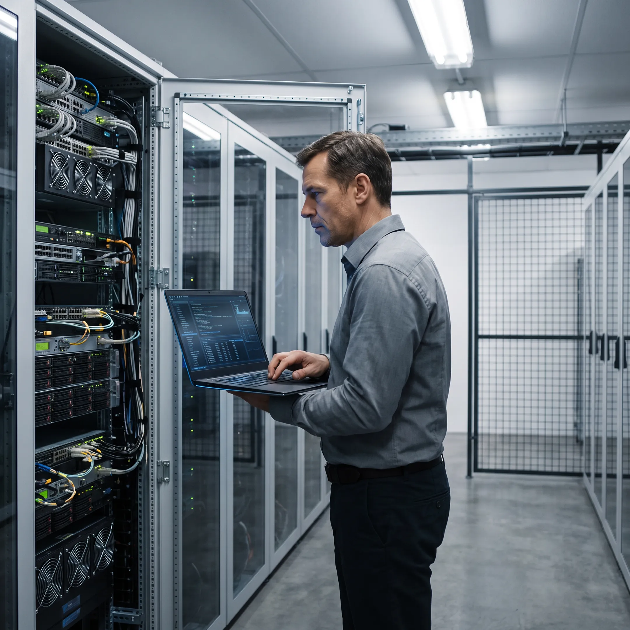 Technician reviewing server infrastructure