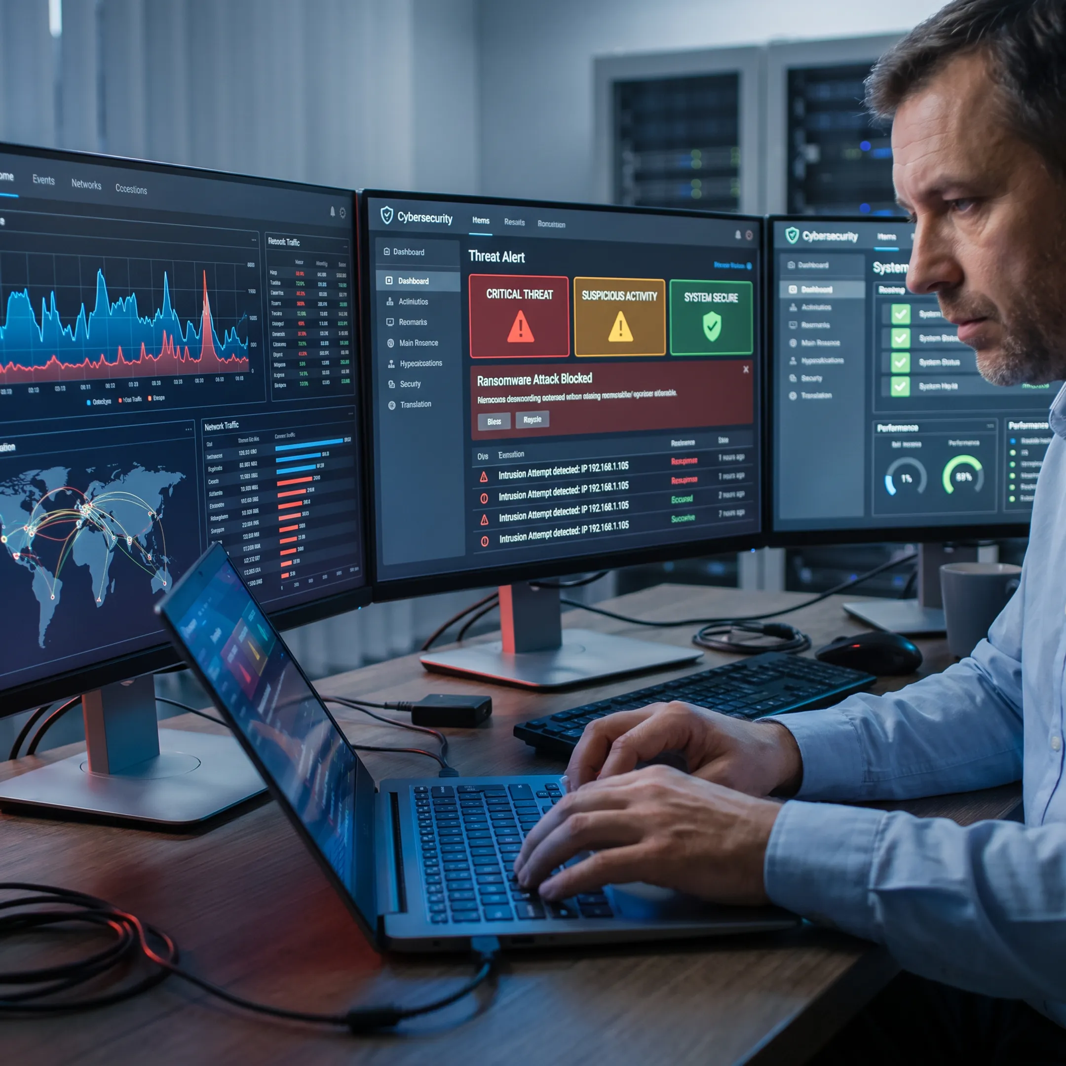 Cybersecurity analyst monitoring ransomware threats