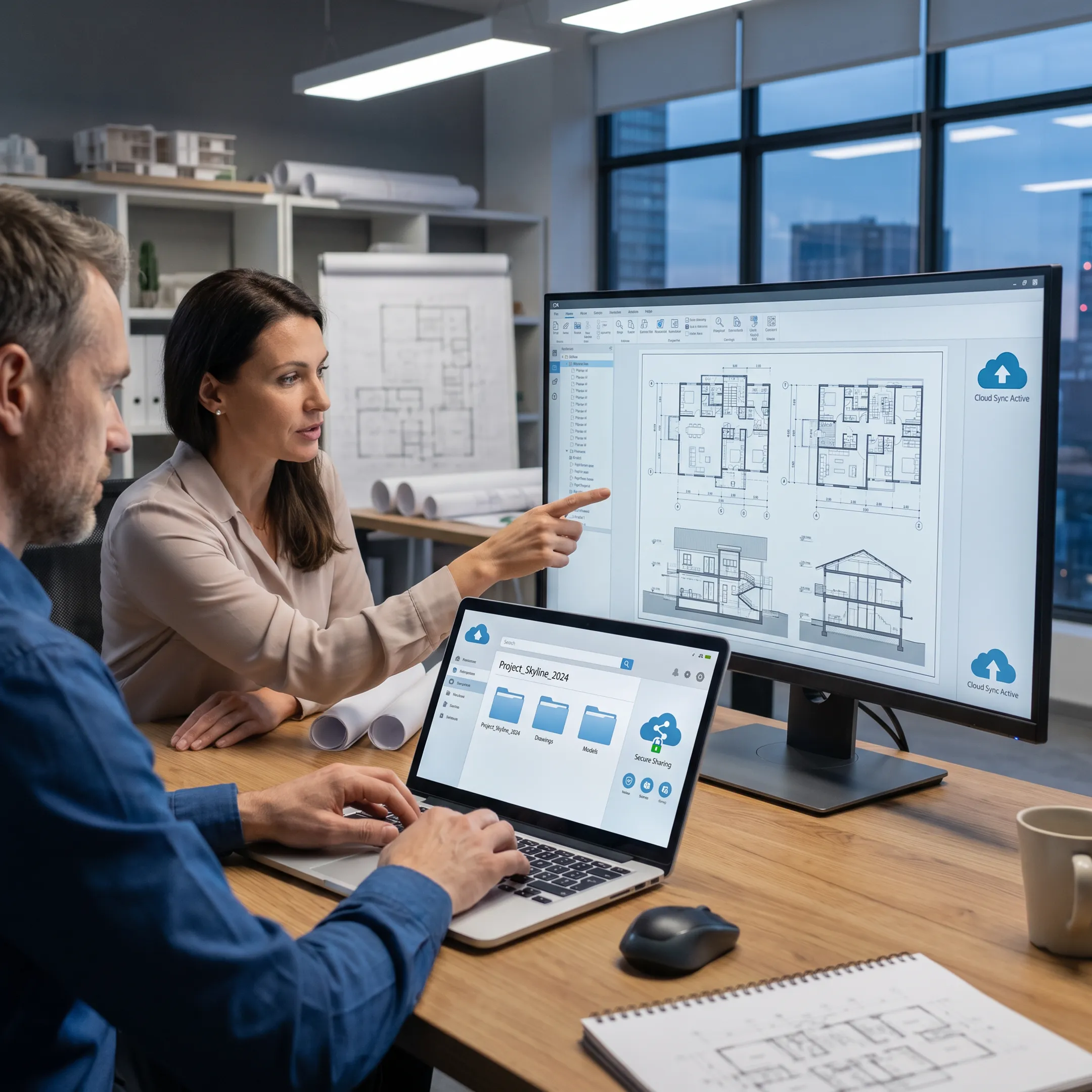 Architects collaborating with secure digital project files