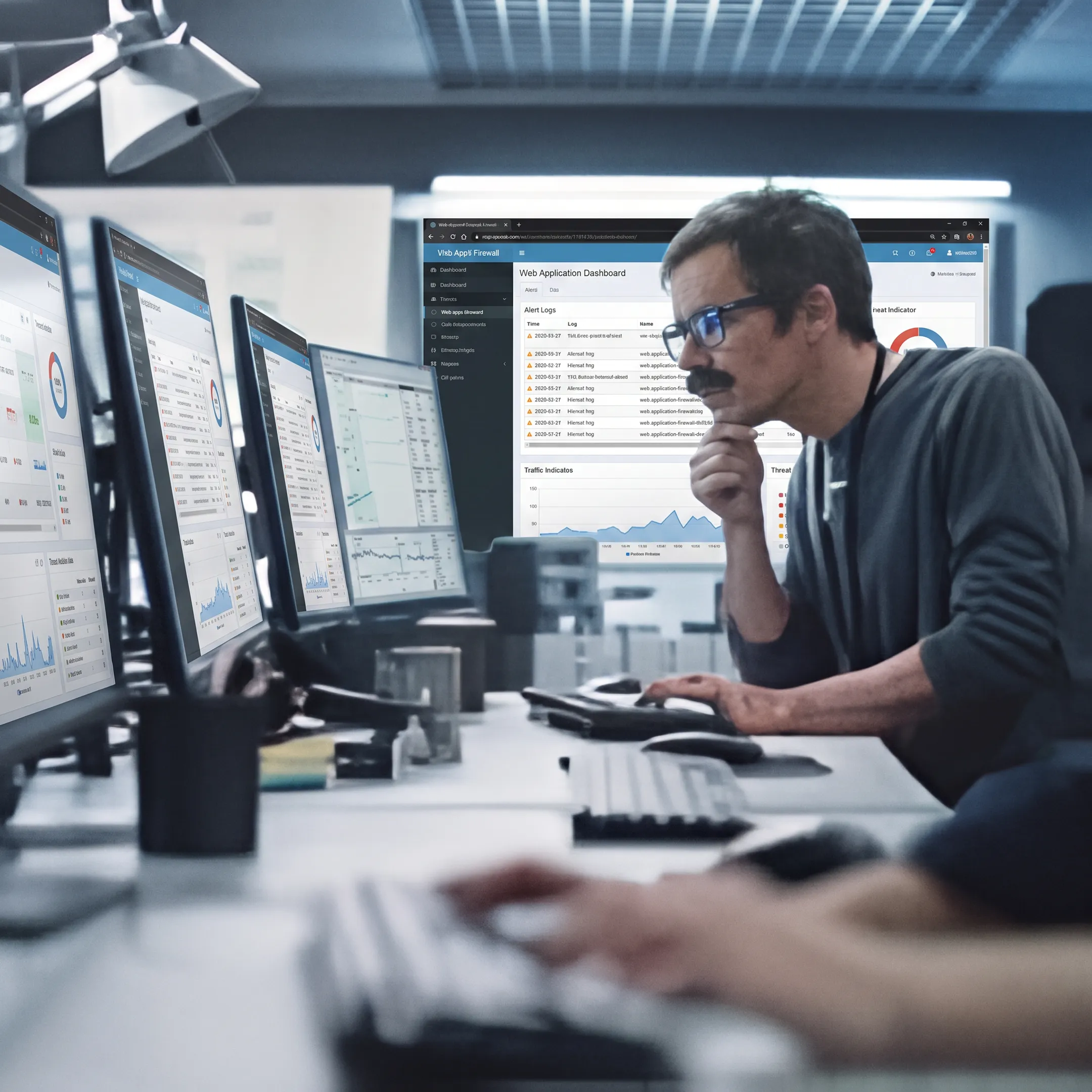 IT security engineer monitoring web application firewall activity