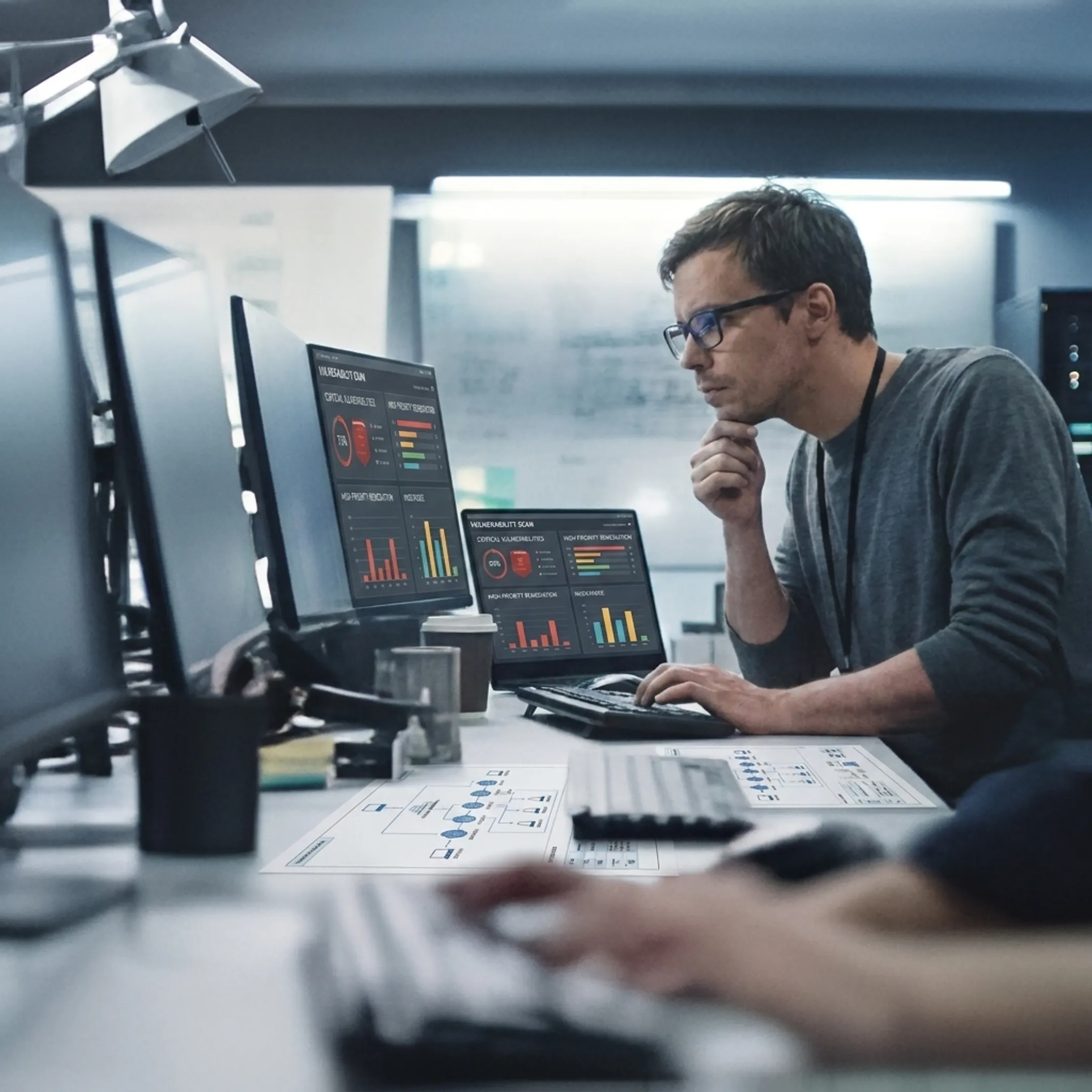 Engineer analyzing security assessment findings