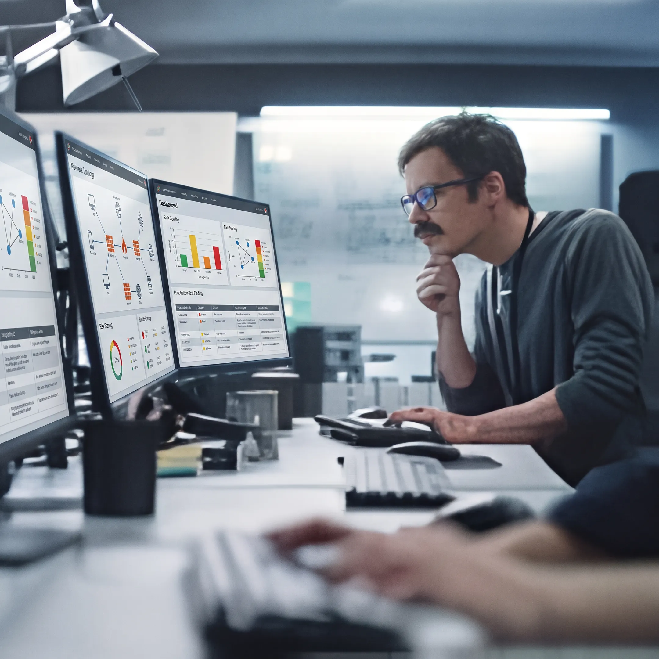 Cybersecurity engineer reviewing penetration test results