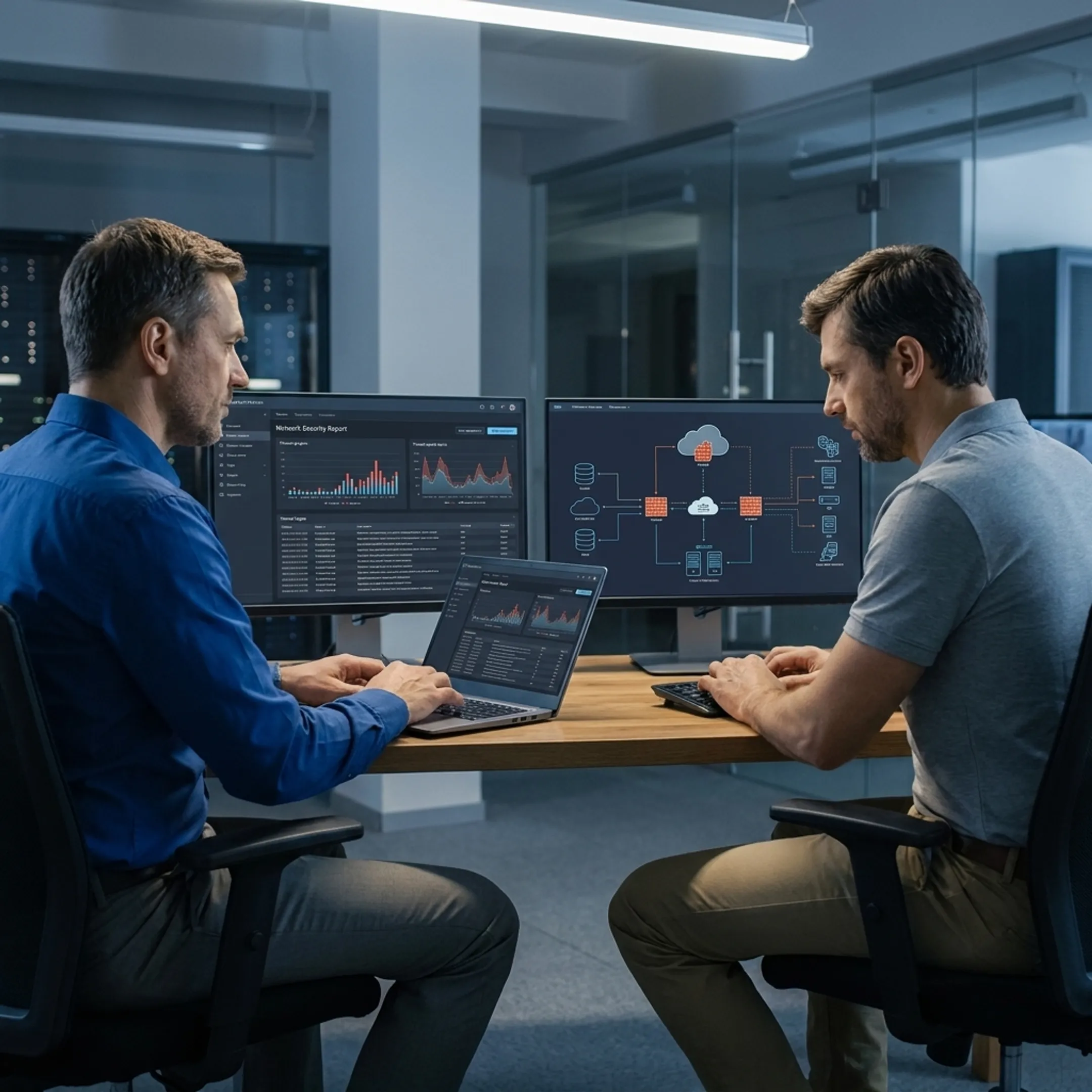 Bank technology team reviewing secure IT systems