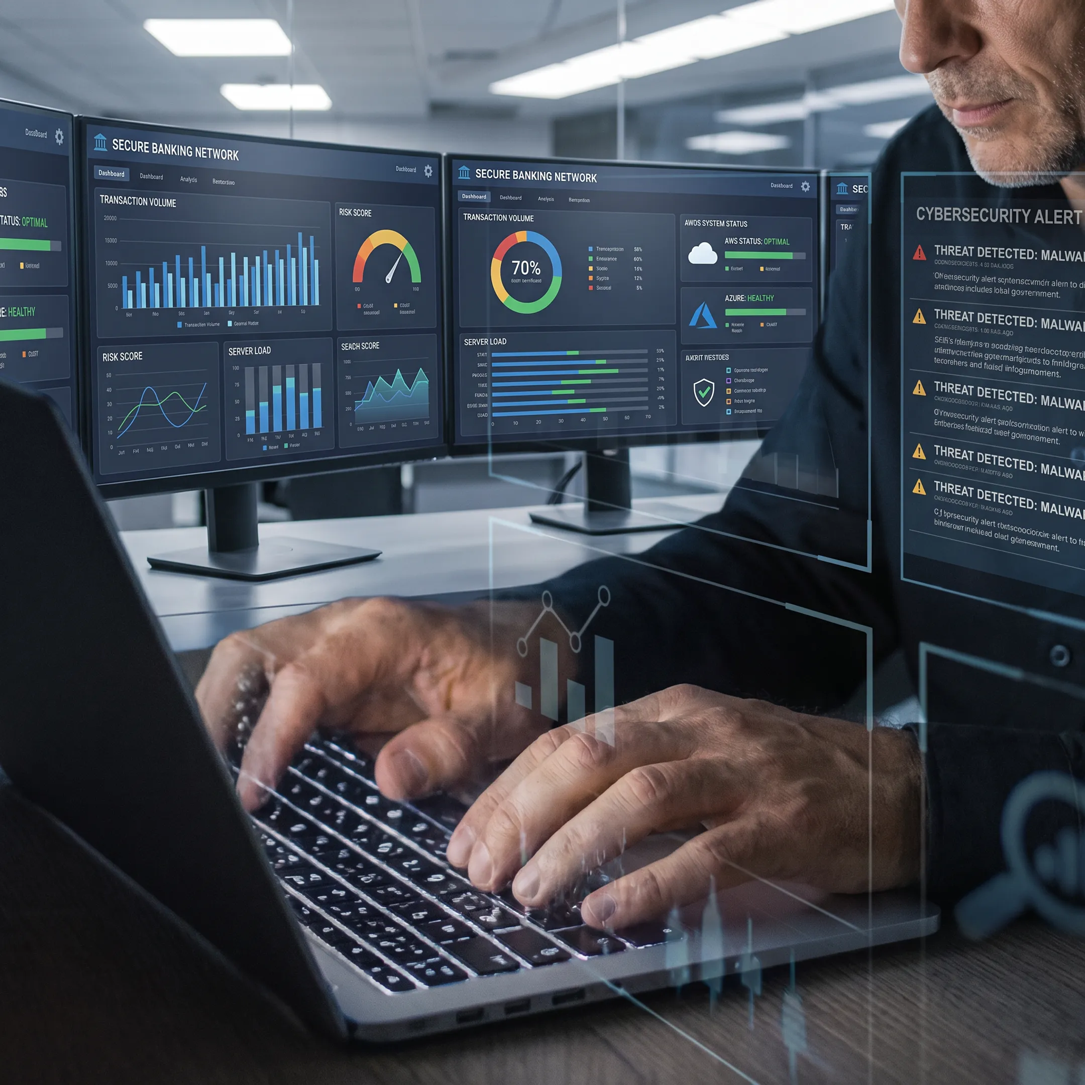 IT professional monitoring secure banking systems