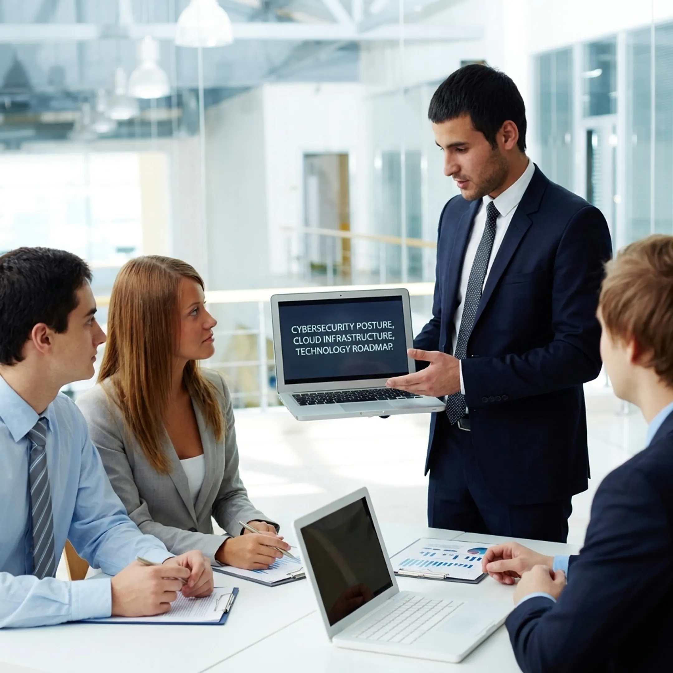 IT consultant discussing cybersecurity and cloud strategy