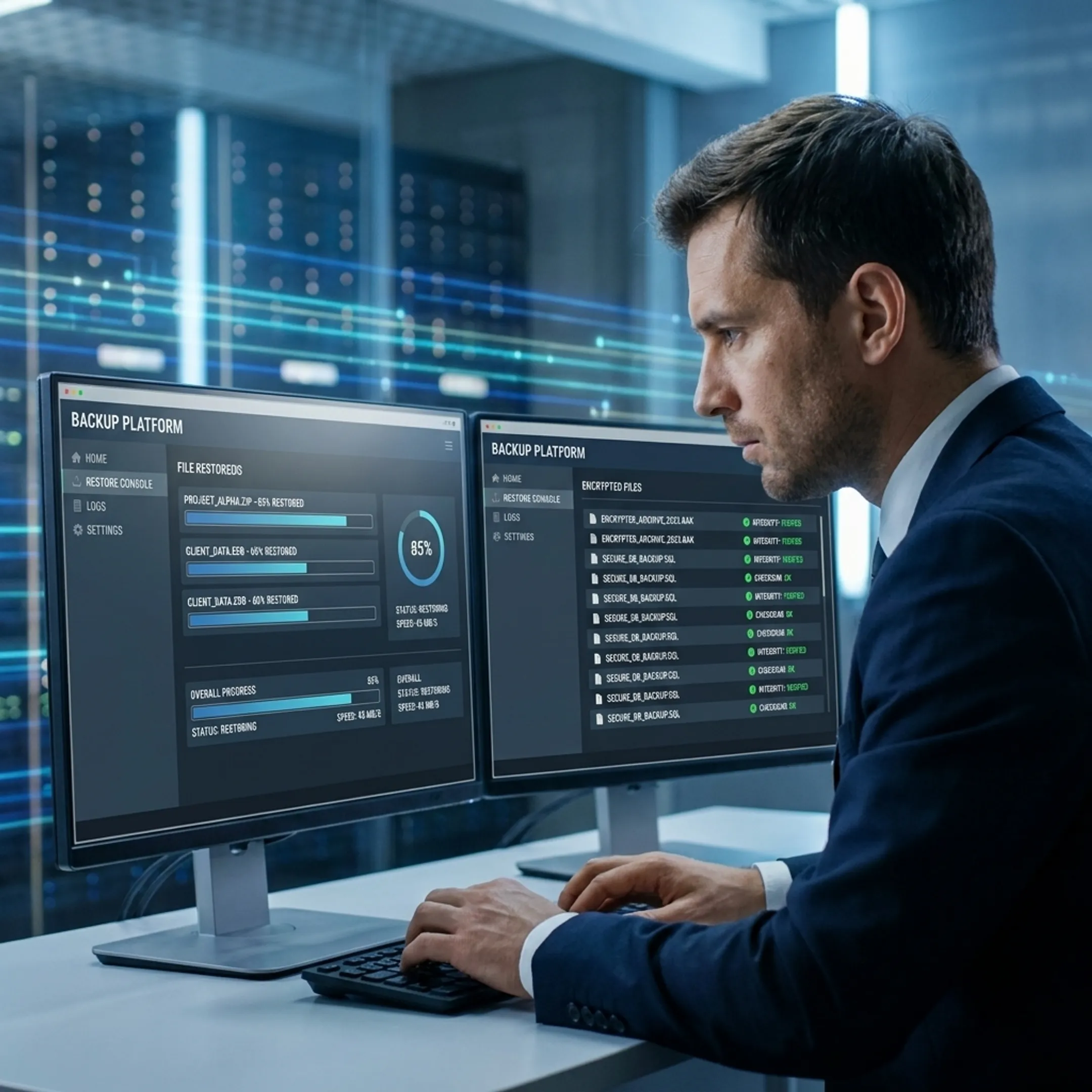 Technician restoring business data from secure backup